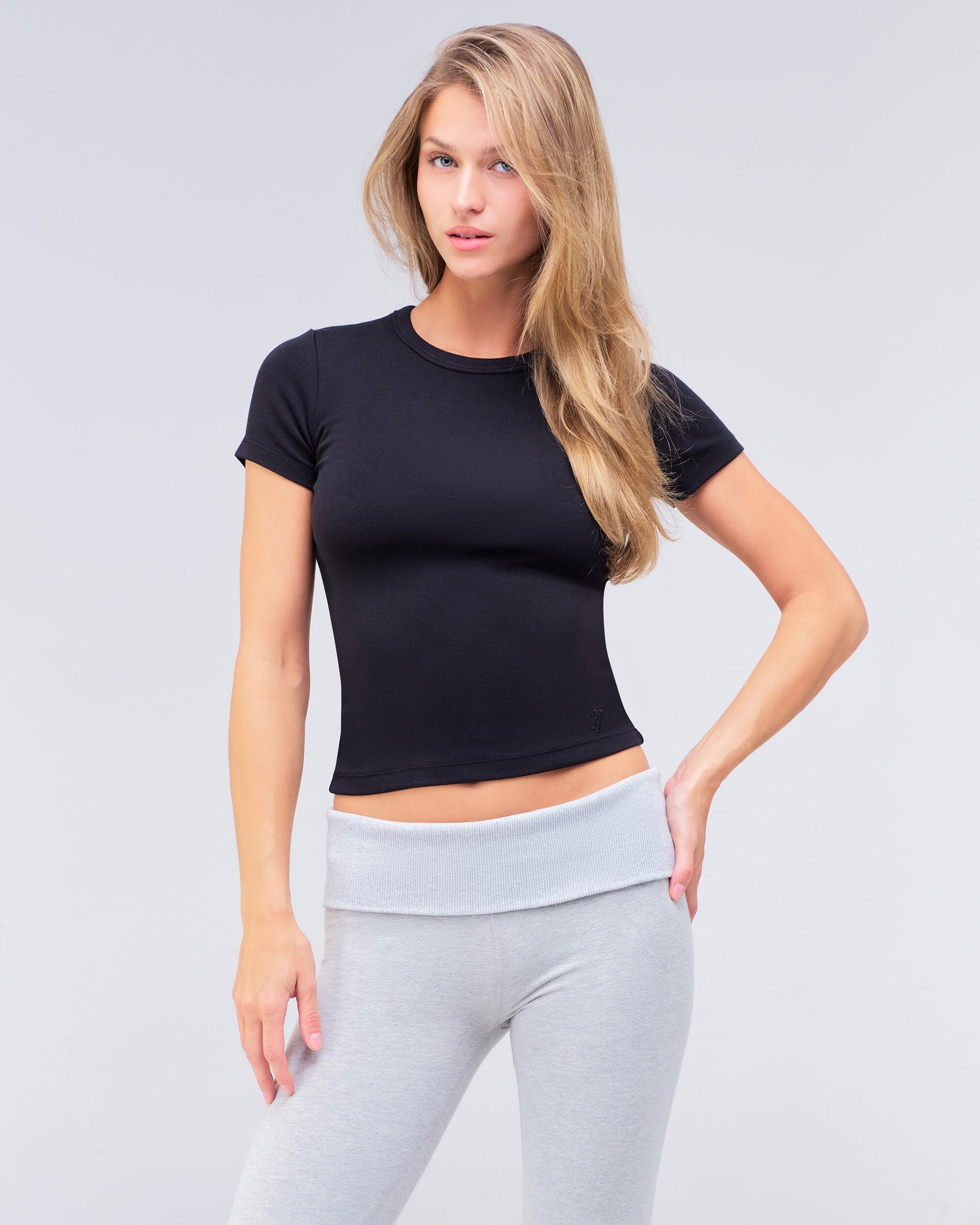 Eileen fitted crew neck tee in black, three-quarter view