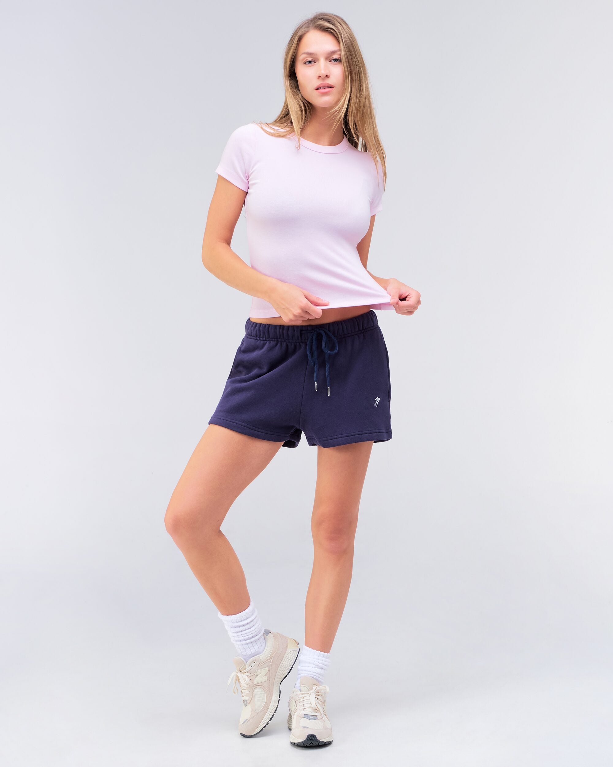 Eileen fitted crew neck tee in baby pink, full body front view