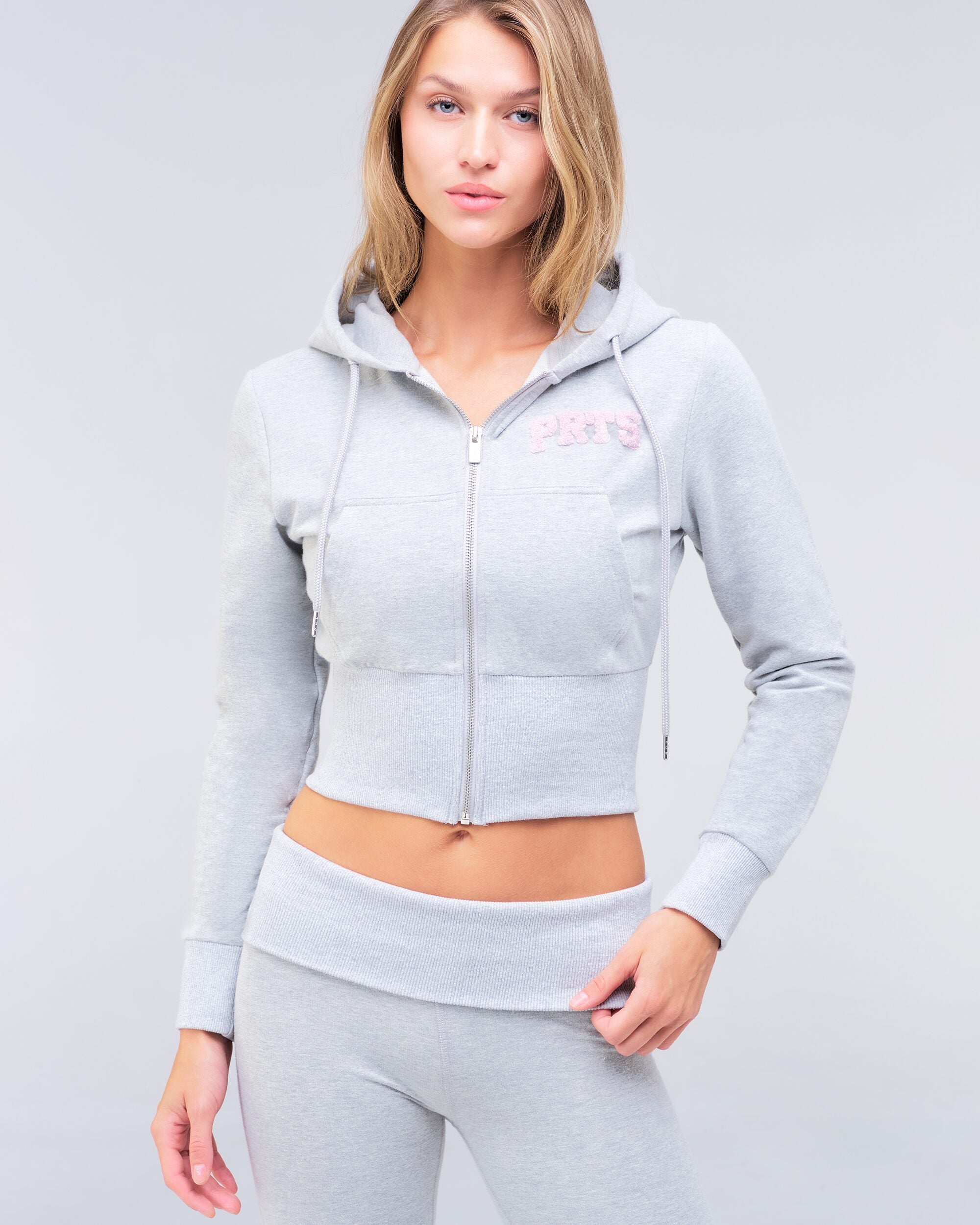 Payton fitted cropped zip-up hoodie in grey mix, three-quarter front view