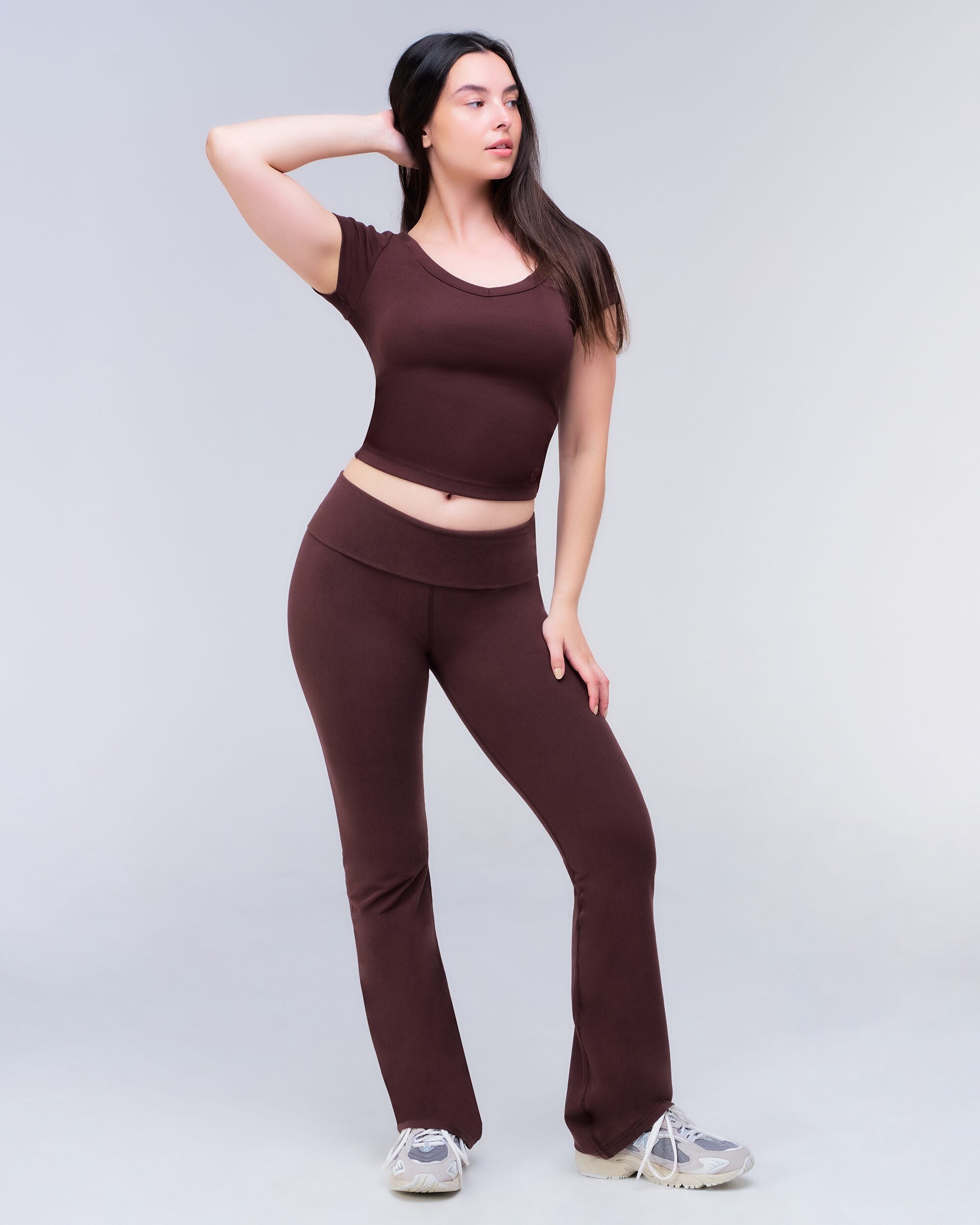 Tally Fitted Flare Pants with Fold-over Waistband in Auburn - three-quarter