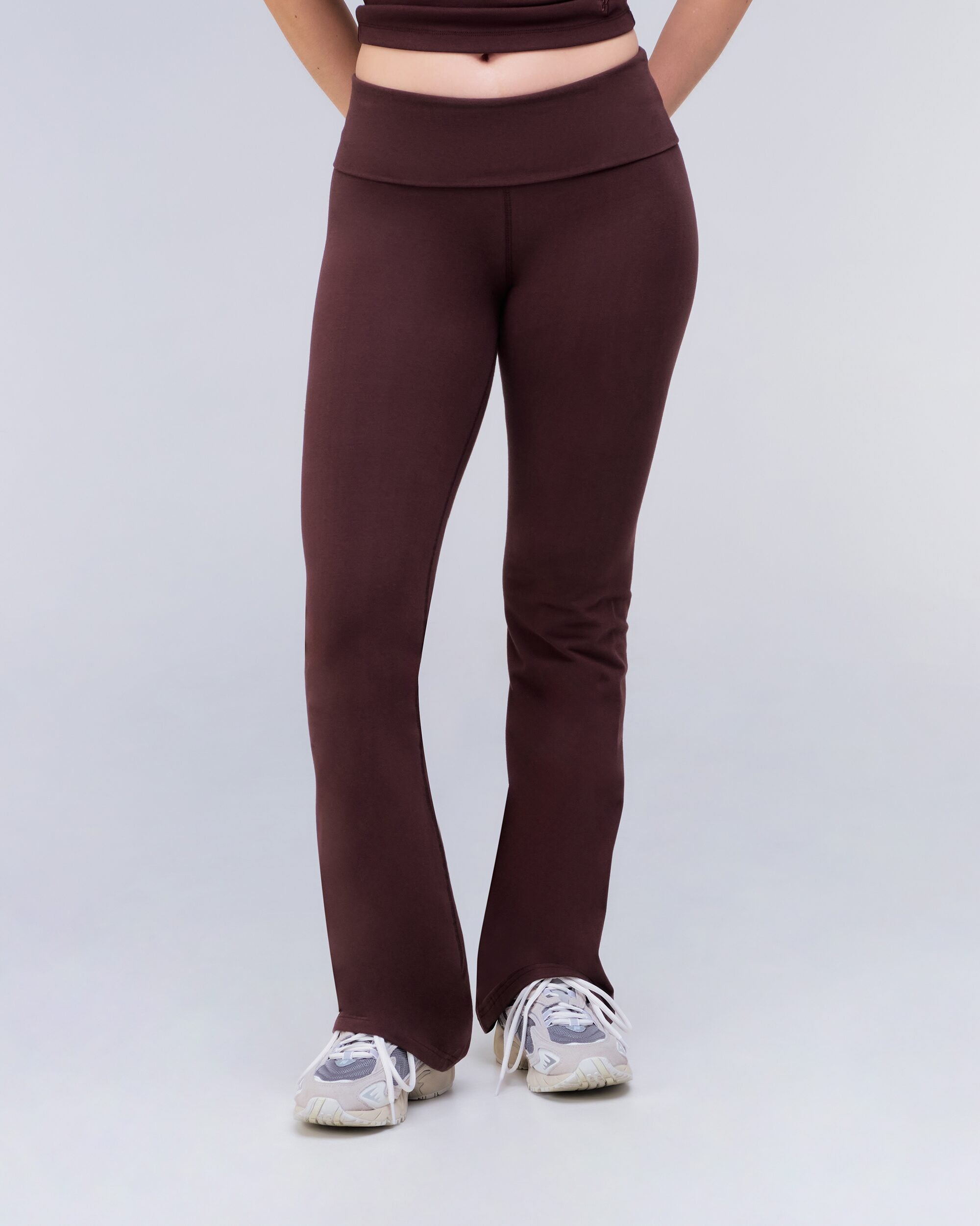 Tally Fitted Flare Pants with Fold-over Waistband in Auburn - front