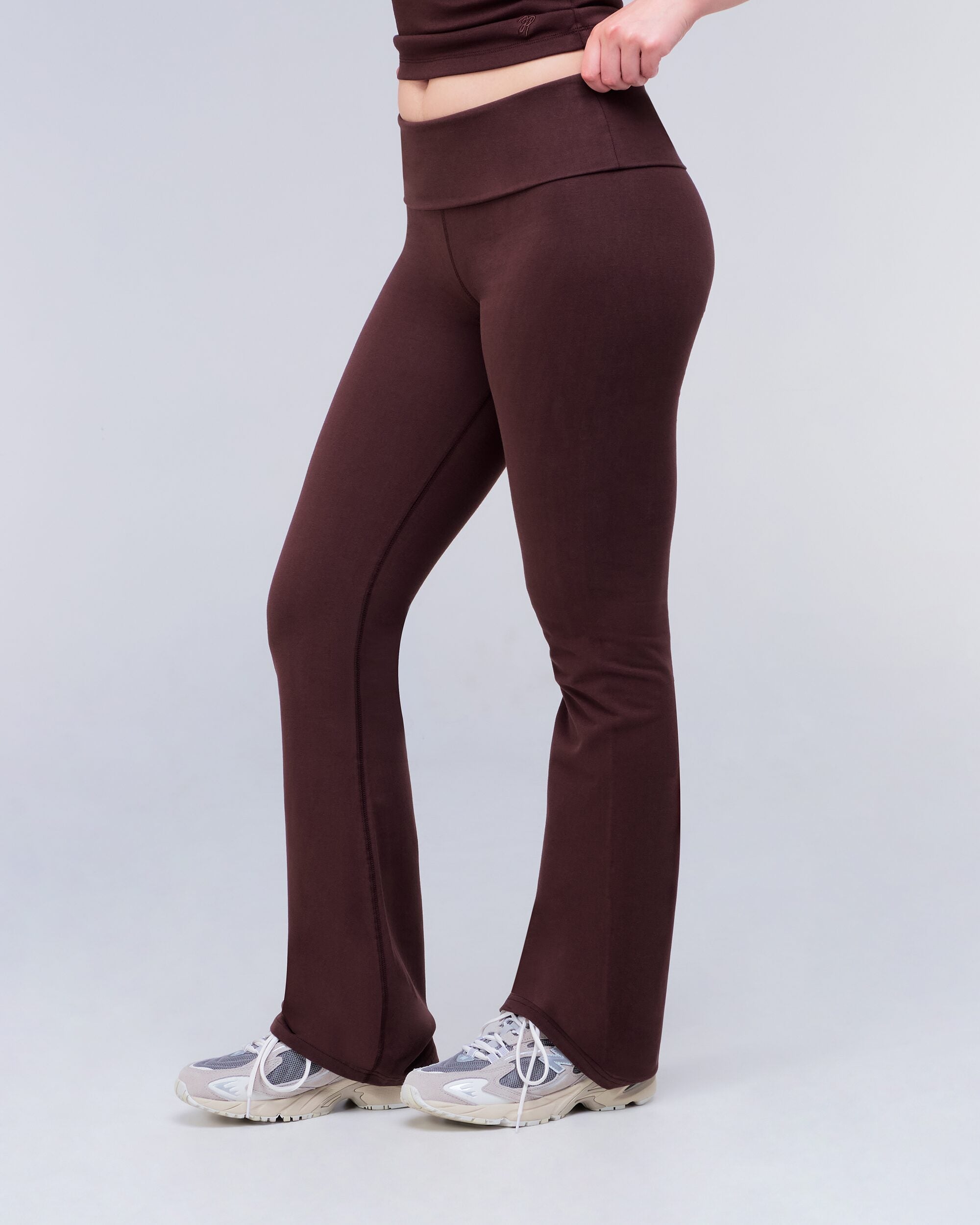 Tally Fitted Flare Pants with Fold-over Waistband in Auburn - side