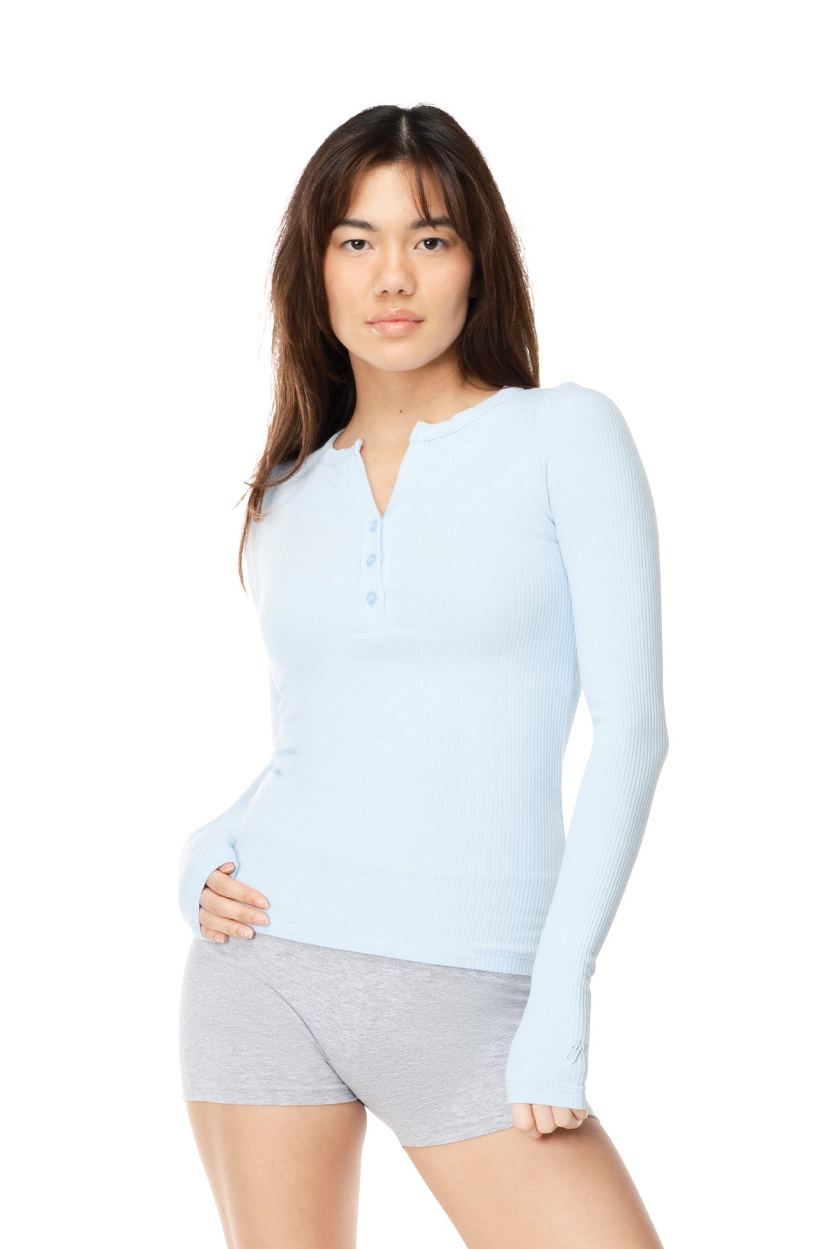 Coral - Fitted Ribbed Henley Long Sleeve