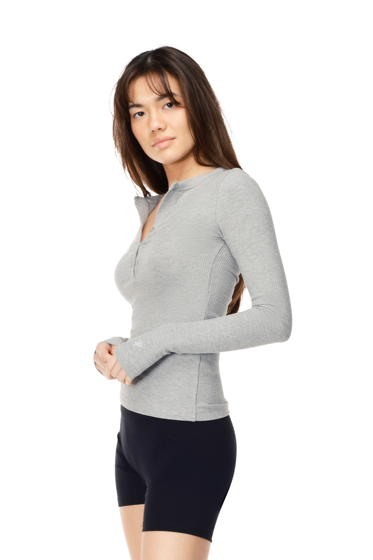 Coral - Fitted Ribbed Henley Long Sleeve