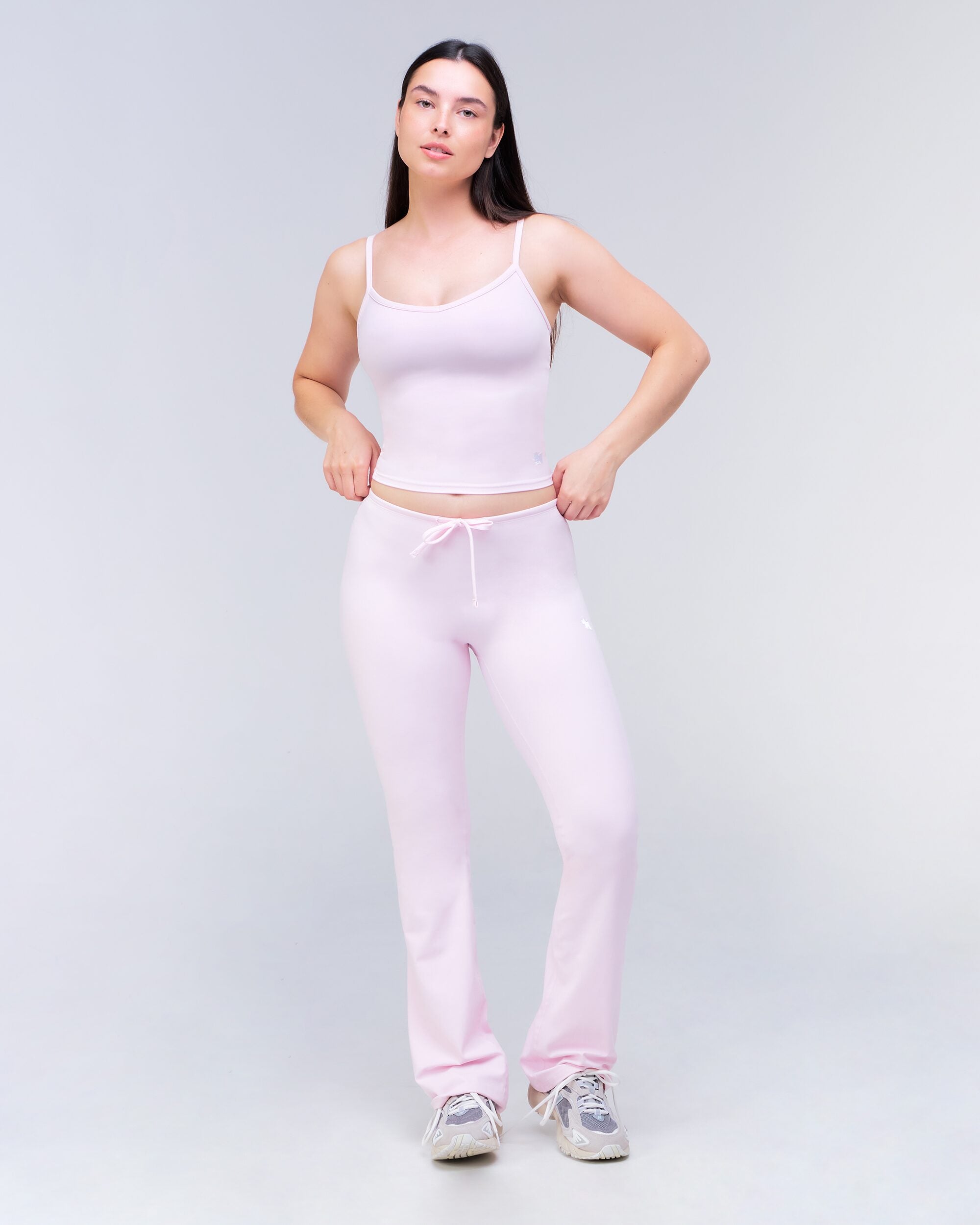 Adley Fitted Low Rise Drawstring Flare Pants in Baby Pink - full look
