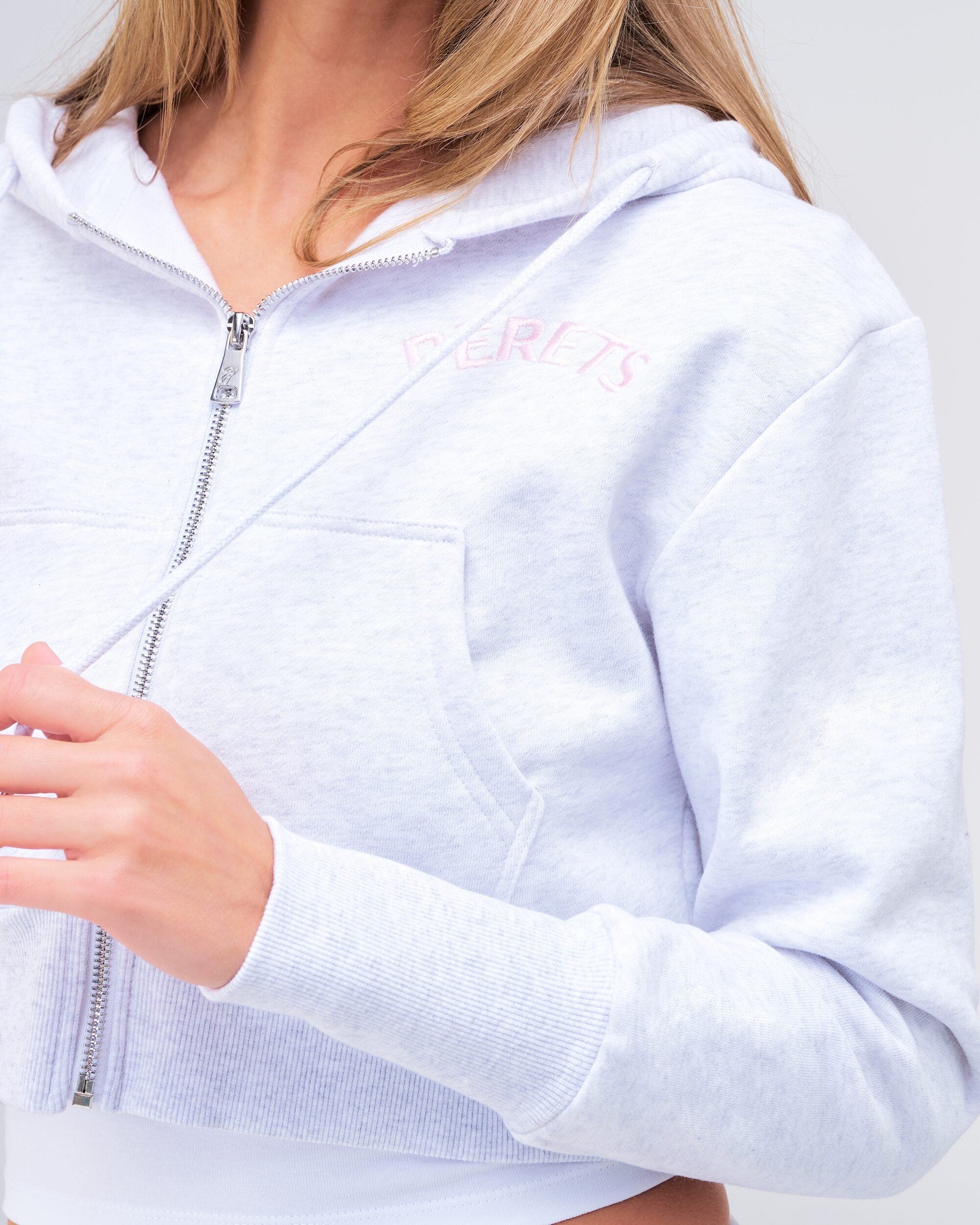 Berkley semi-fitted cropped zip-up hoodie in light grey mix, close-up of zip