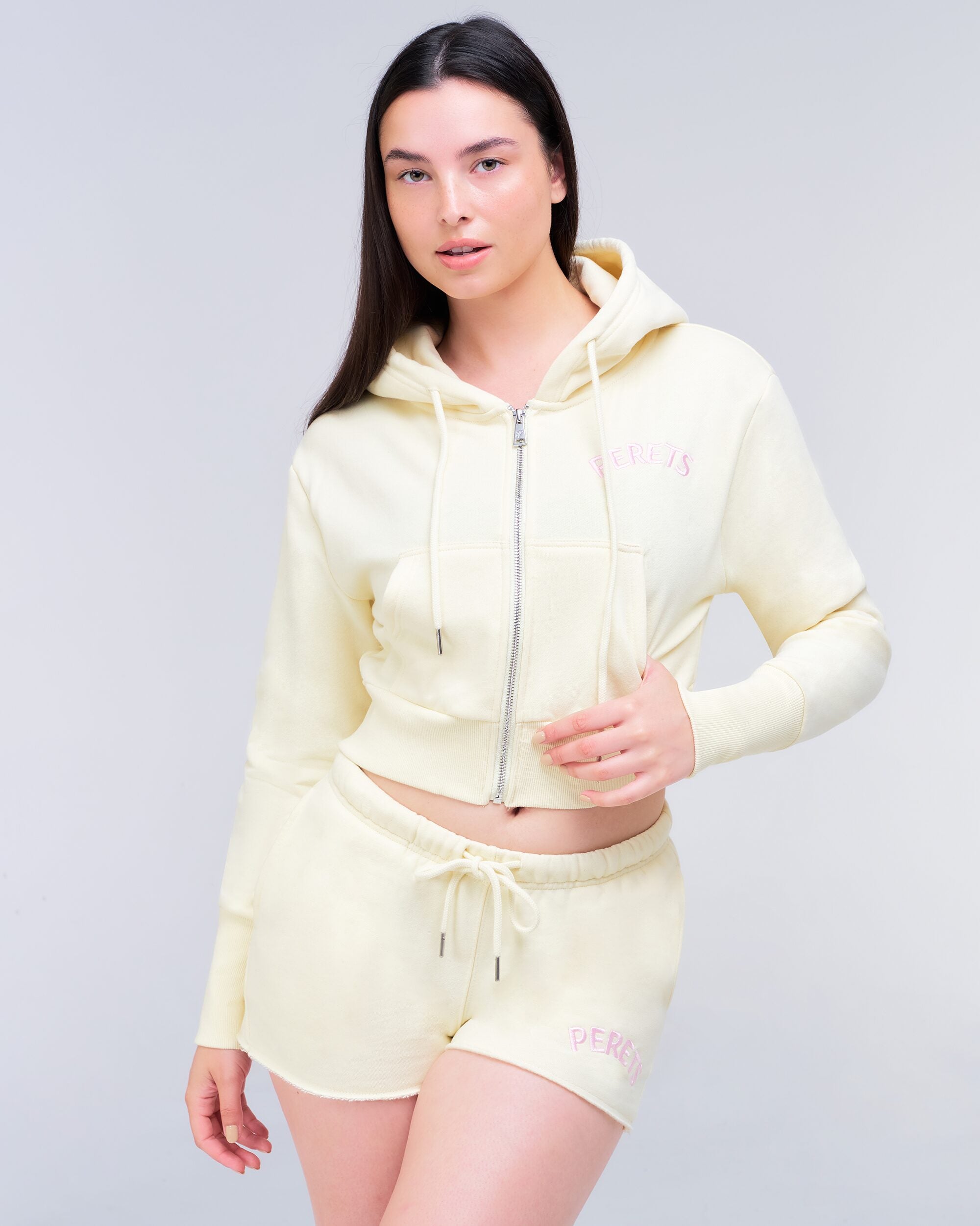 Berkley Semi-Fitted Cropped Zip-Up Hoodie in Yellow - full look