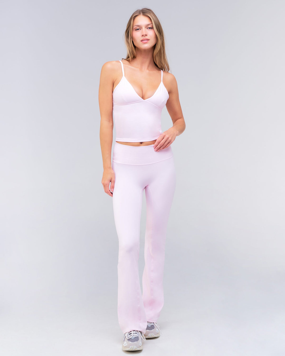 Florence fitted plunge v-neck camisole in baby pink, full body front view