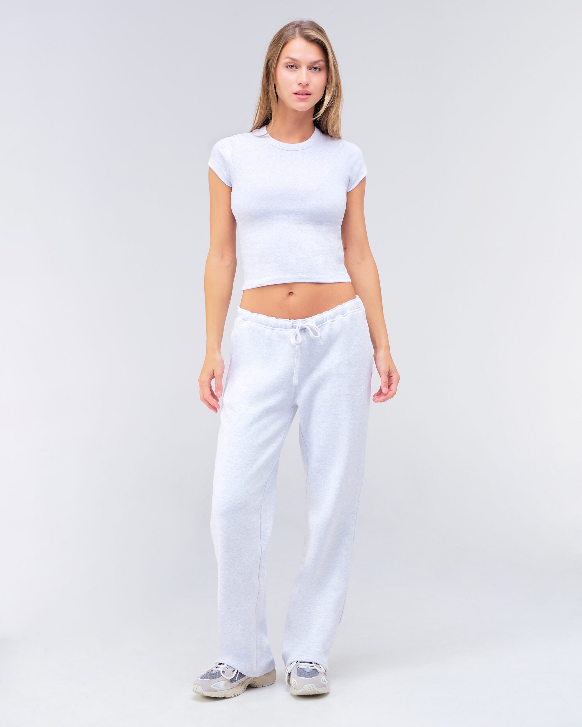 Gia Low-Rise Relaxed Fit Flared Sweatpants in Light Grey Mix - full look