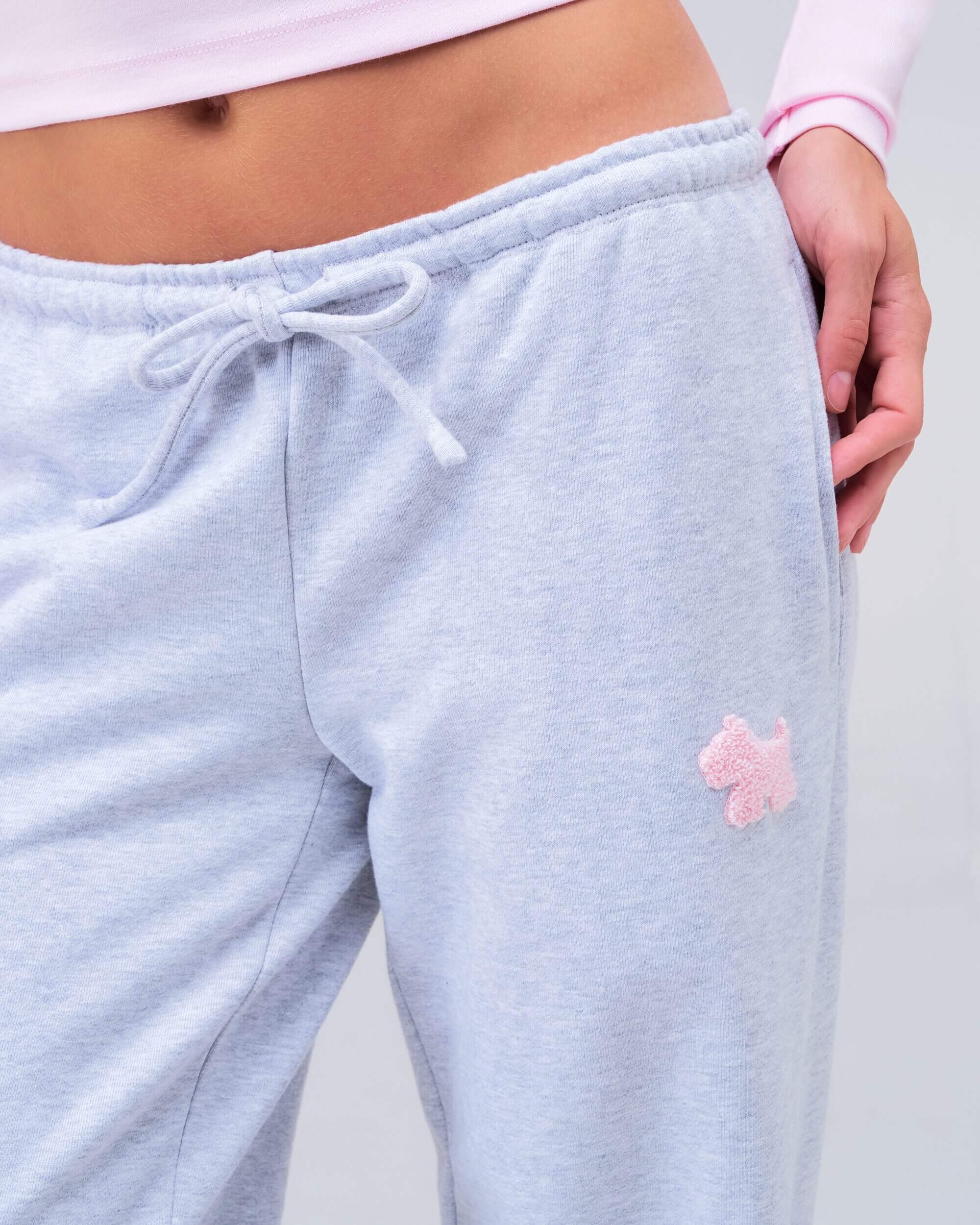 Gracie low-rise oversized flare pants in grey mix, close-up of drawstring waistband