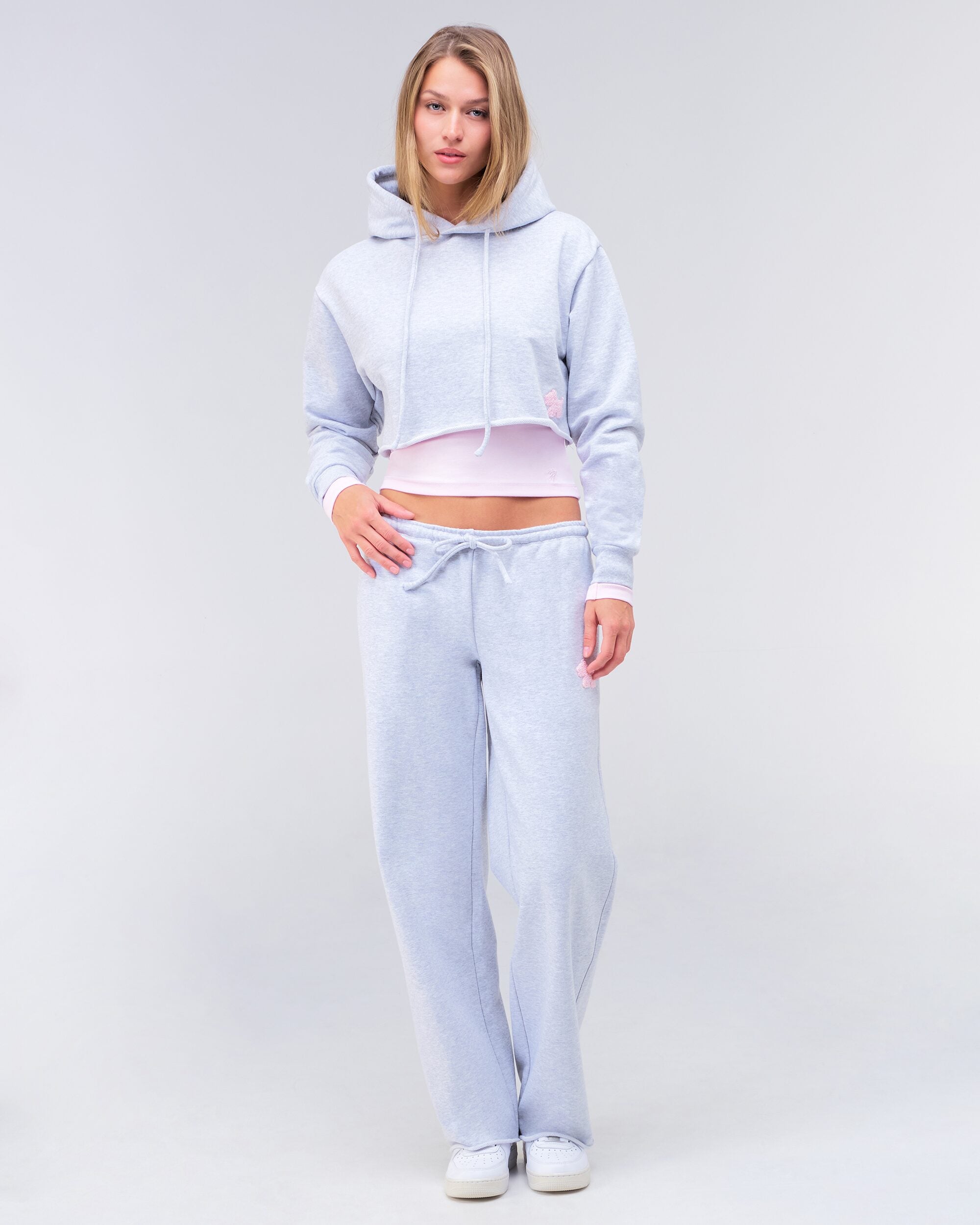 Karina semi-fitted cropped pullover hoodie in grey mix, full body with hood up