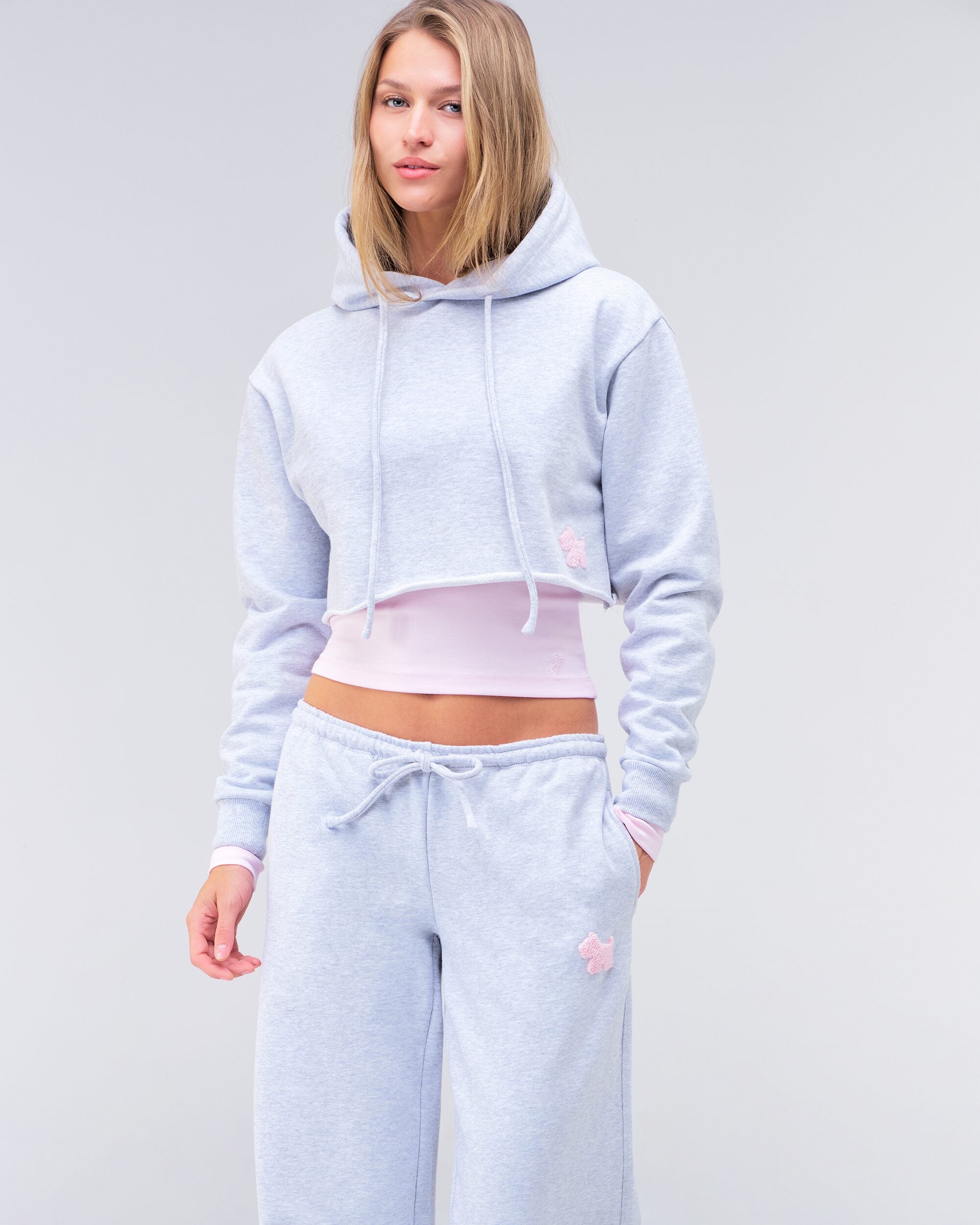 Karina semi-fitted cropped pullover hoodie in grey mix, three-quarter front view