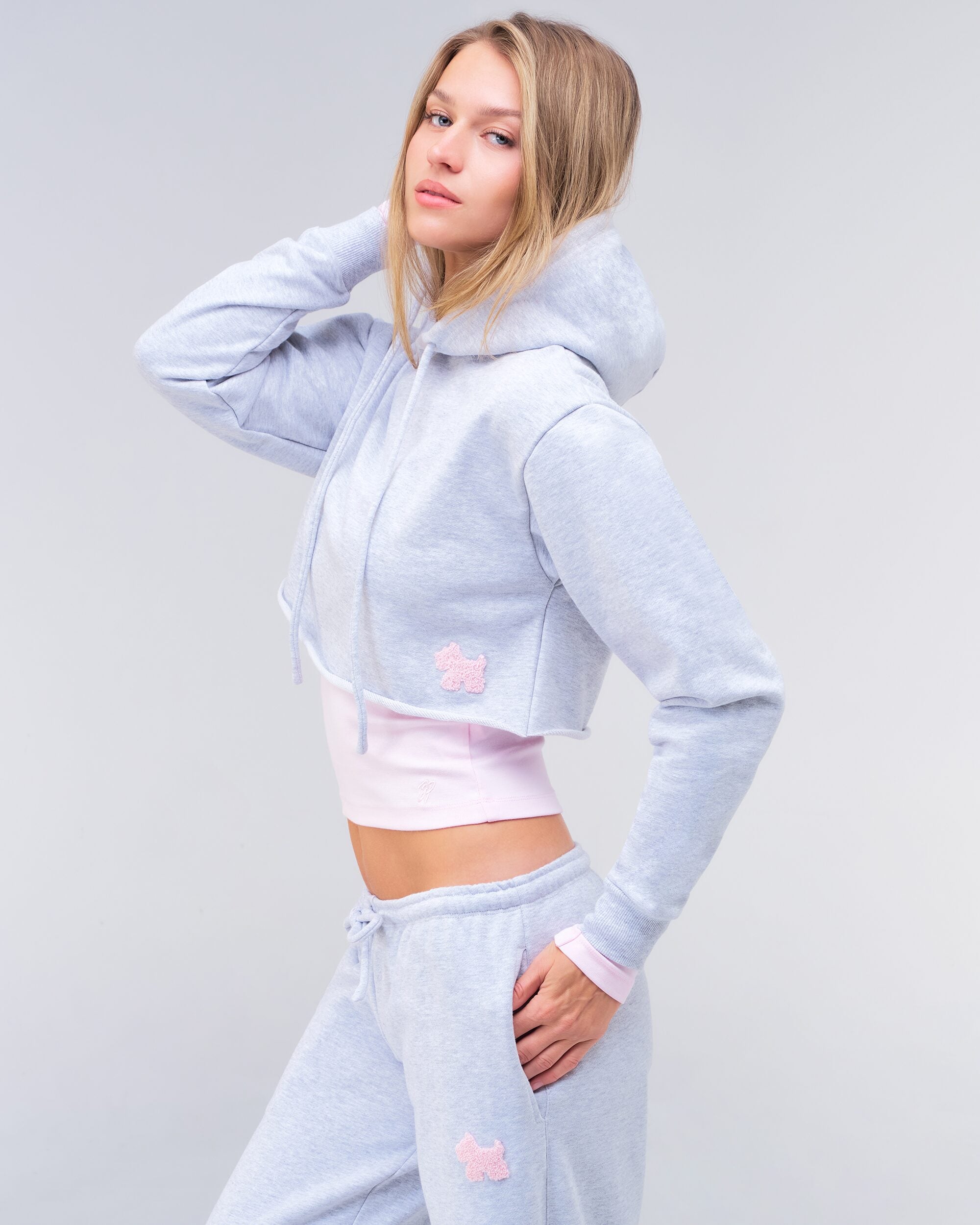 Karina semi-fitted cropped pullover hoodie in grey mix, three-quarter side view