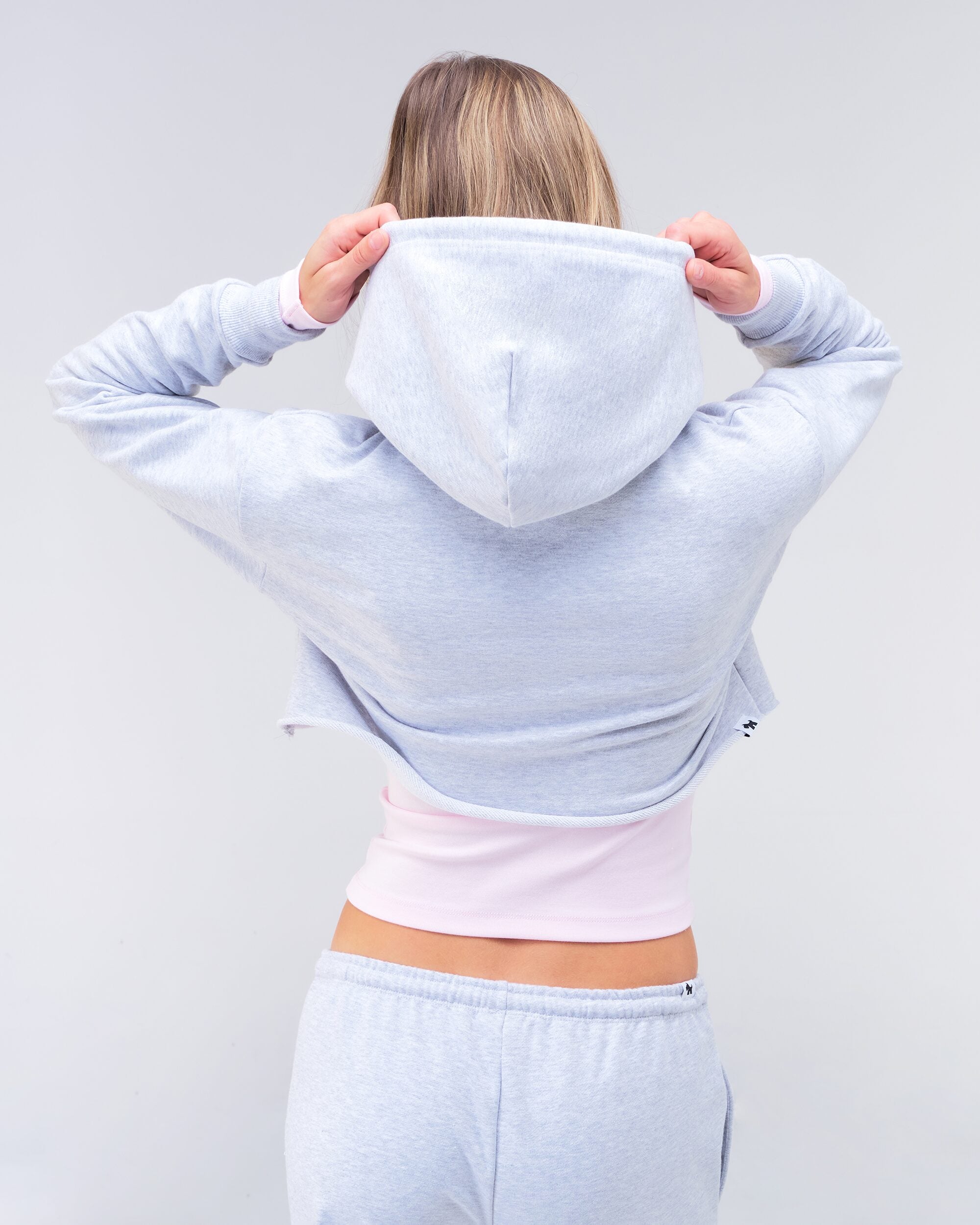 Karina semi-fitted cropped pullover hoodie in grey mix, back view of hood