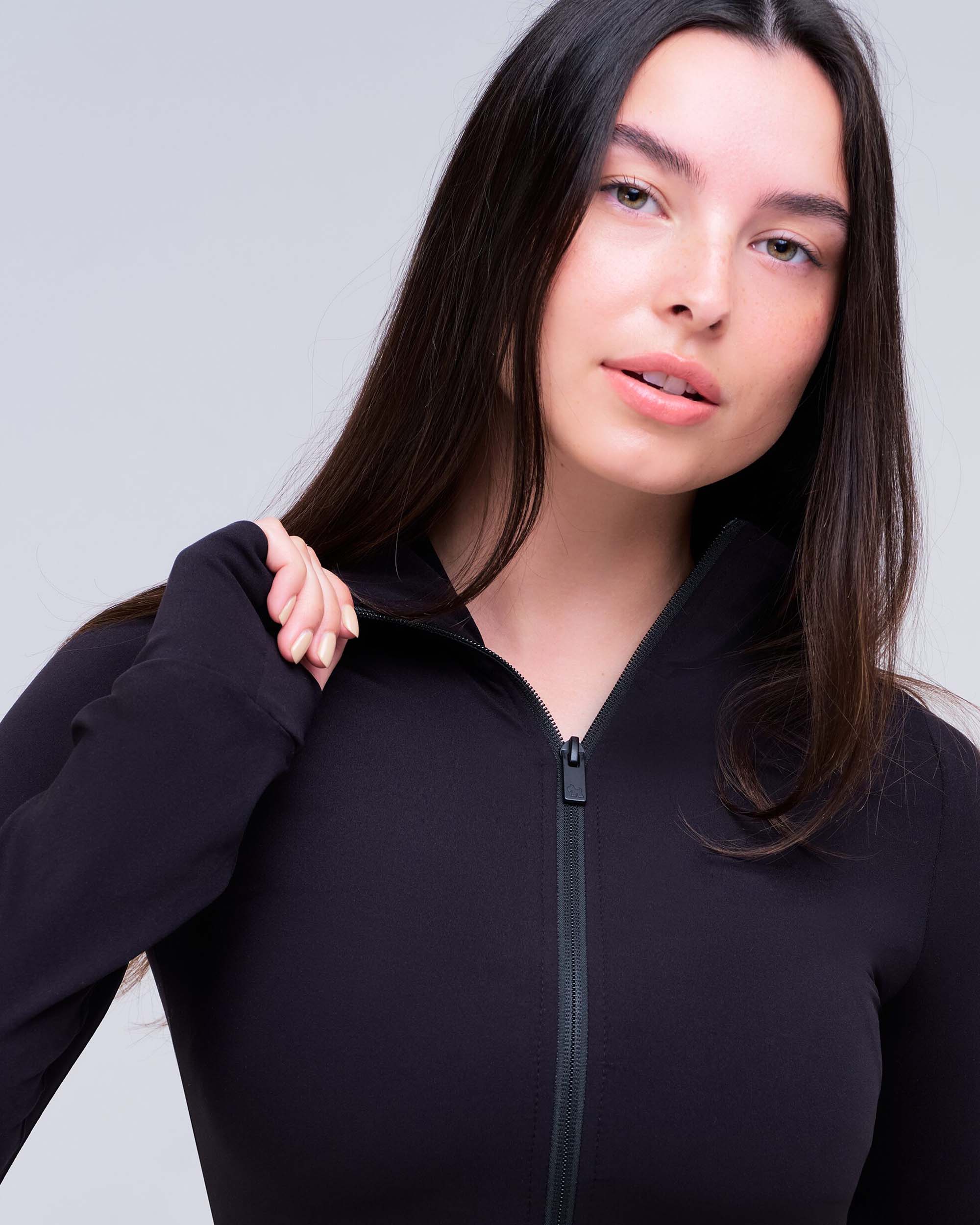 Millie Fitted Mock Neck Zip-Up Long Sleeve Top in Black - neck zip detail
