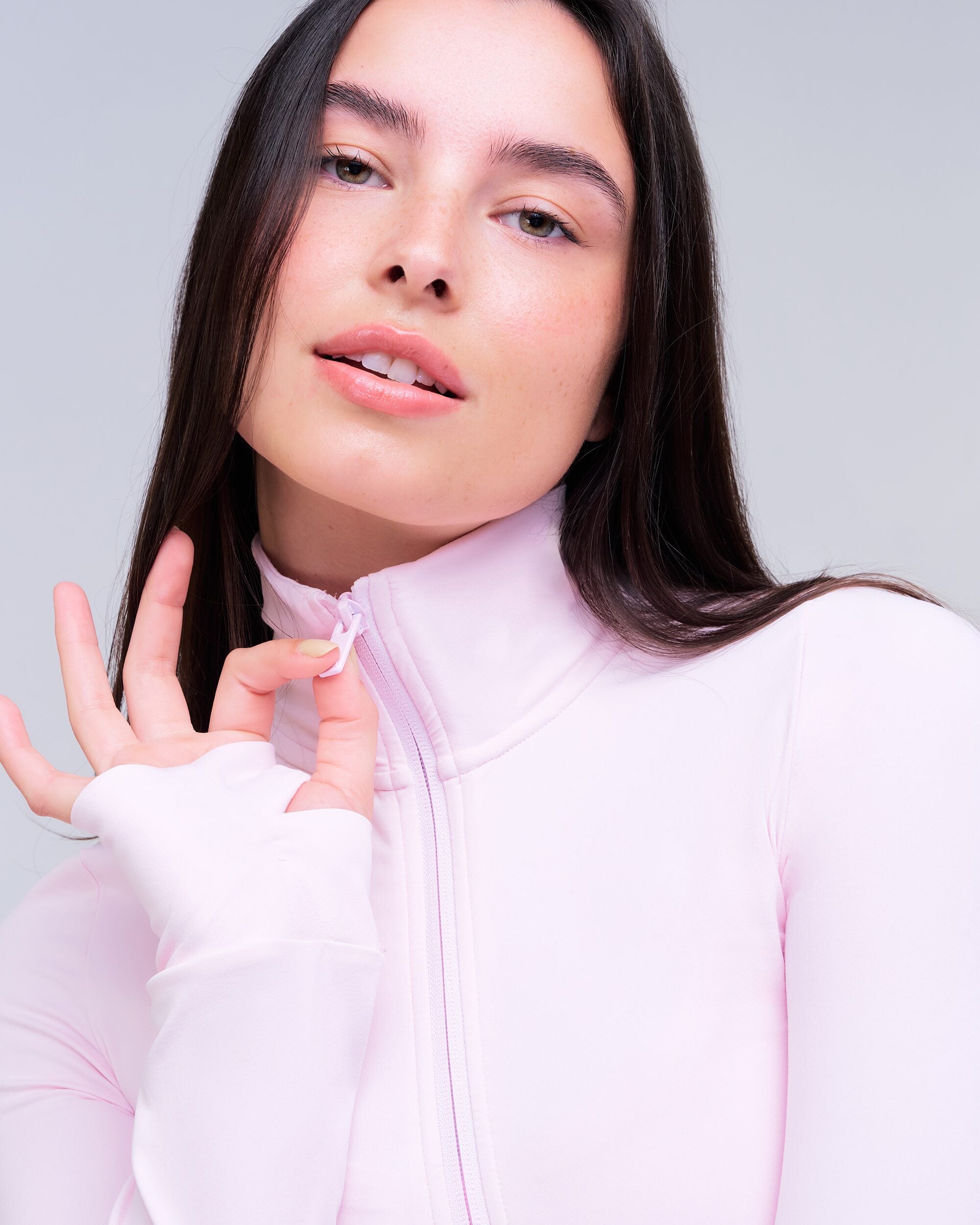 Millie Fitted Mock Neck Zip-Up Long Sleeve Top in Baby Pink - collar cuff detail