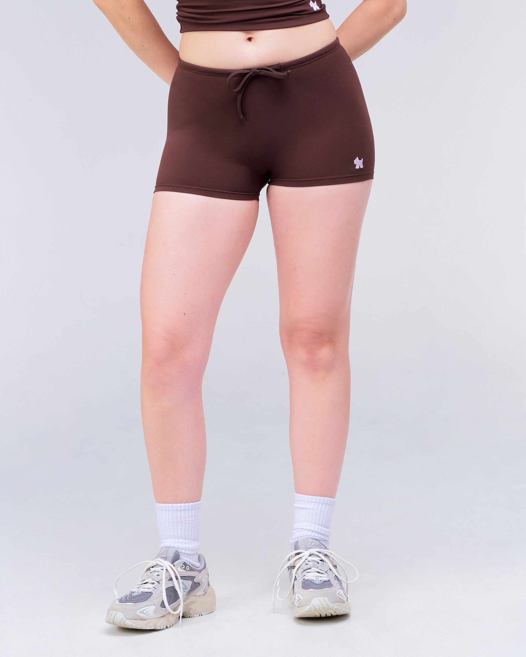 Olive Fitted Low Rise Drawstring Shorts in Auburn - front