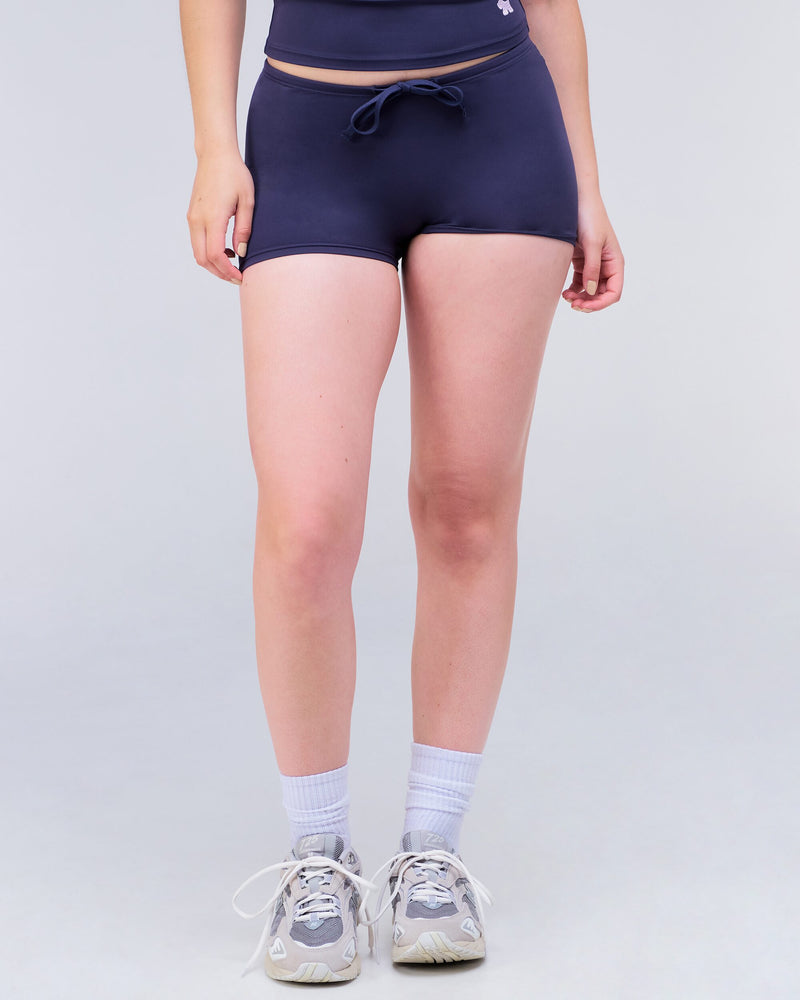 Olive Fitted Low Rise Drawstring Shorts in Navy - front