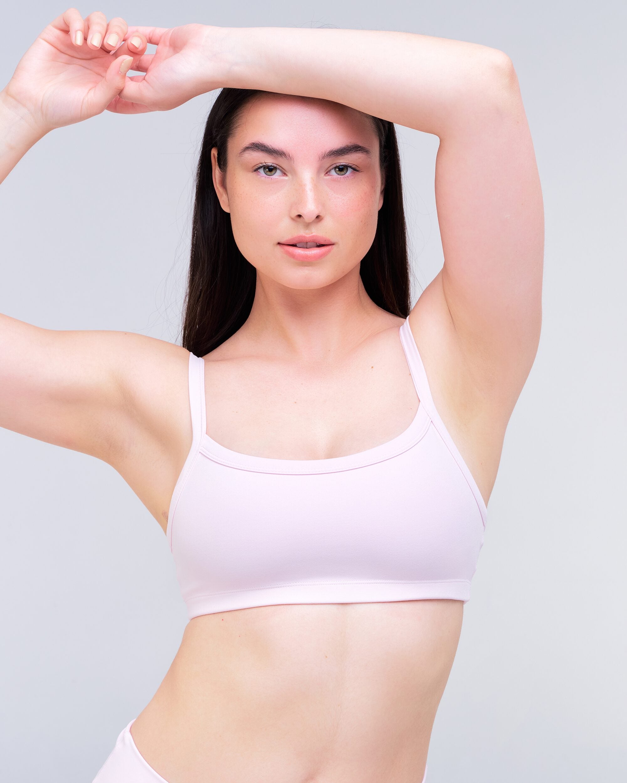 Reyna Fitted Sports Bra in Baby Pink - front detail