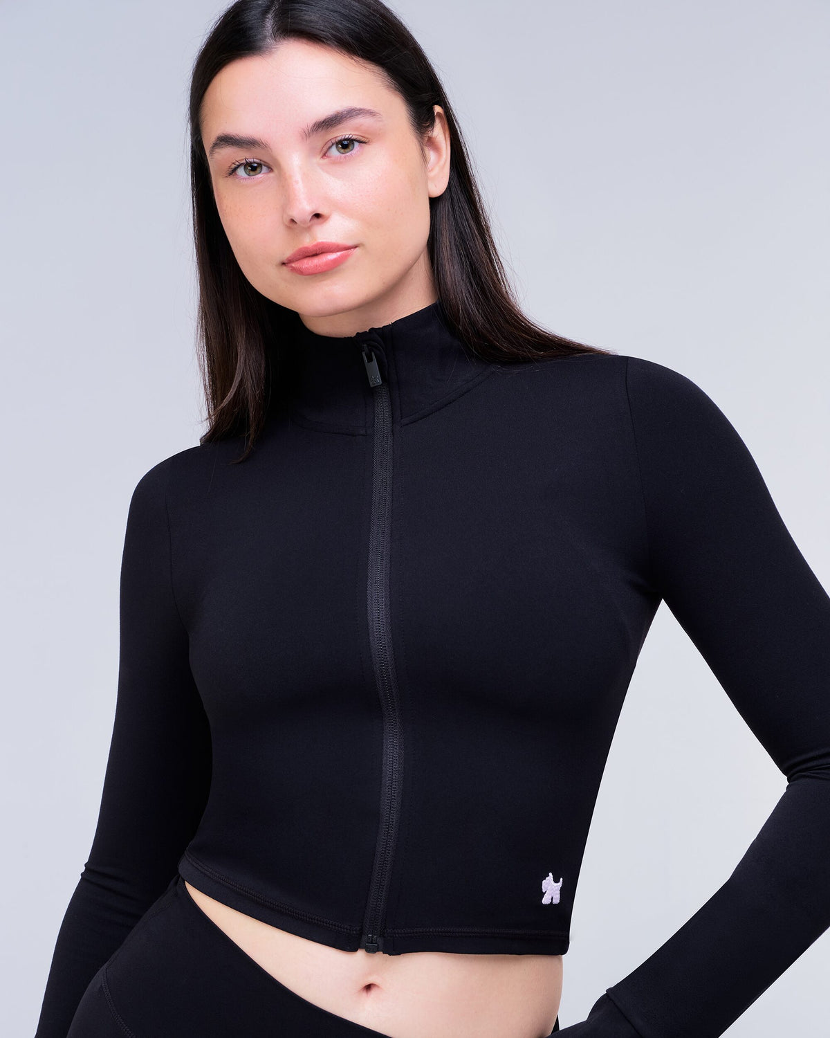 Shay Fitted Mock Neck Zip-Up Long Sleeve Top in Black - front