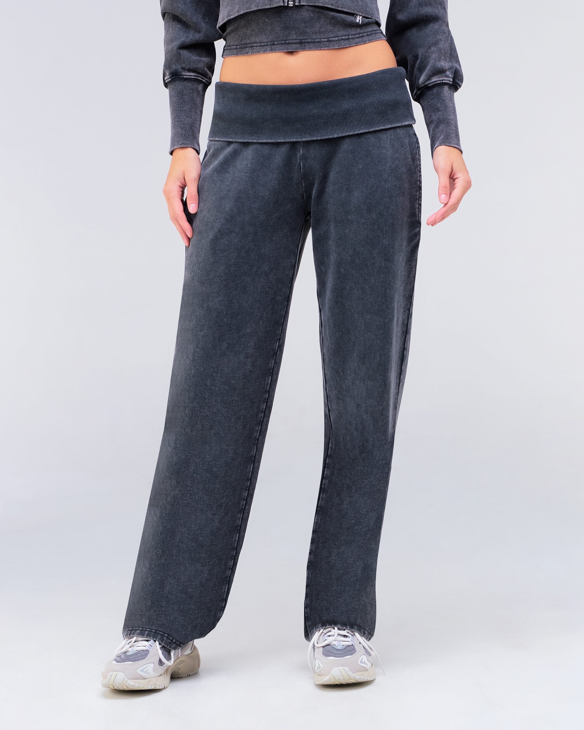 Willow Low-Rise Loose Fit Pants with Fold-over Waistband in Vintage Black - front