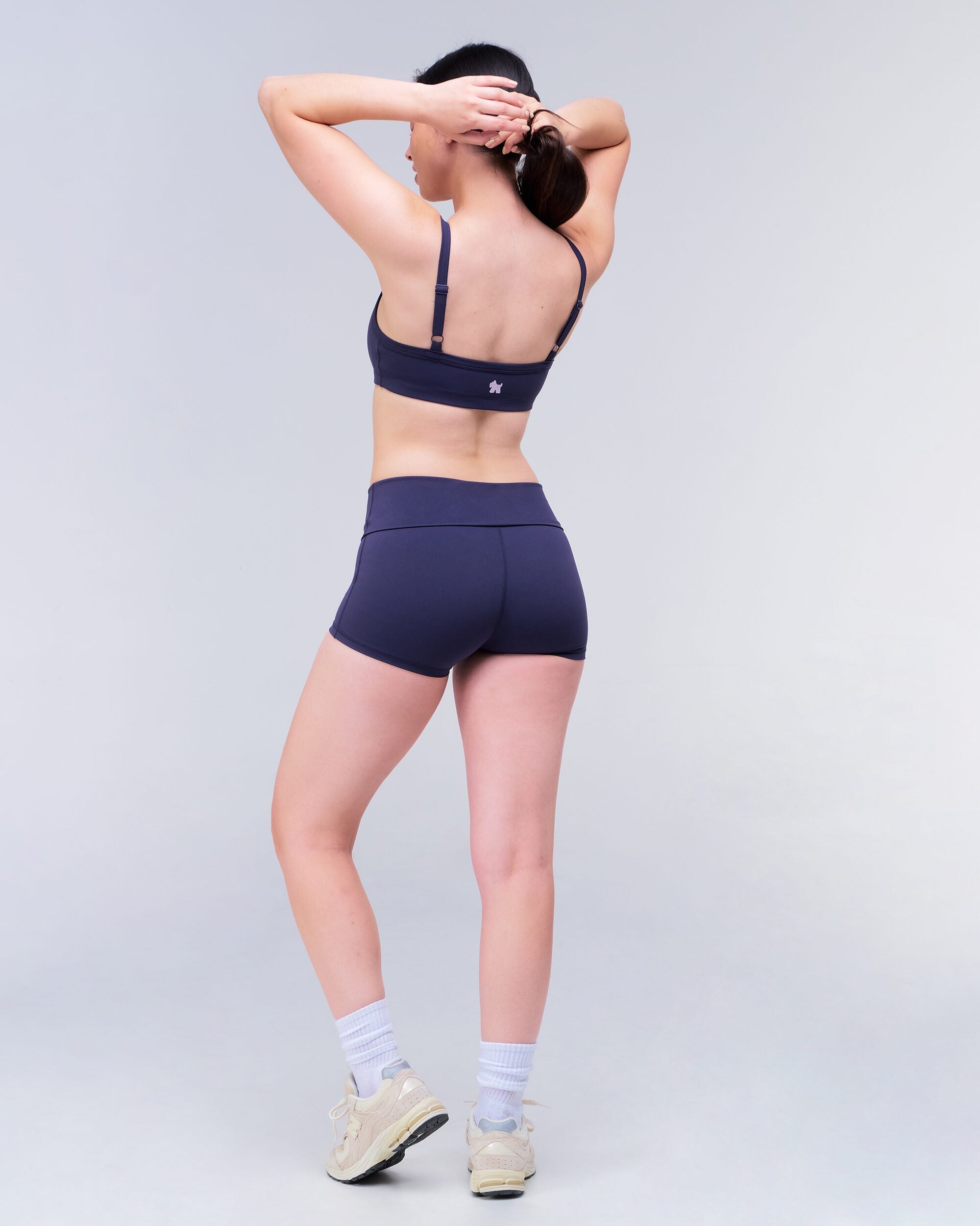 Xia Fitted Shorts with Fold-over Waistband in Navy - back full look