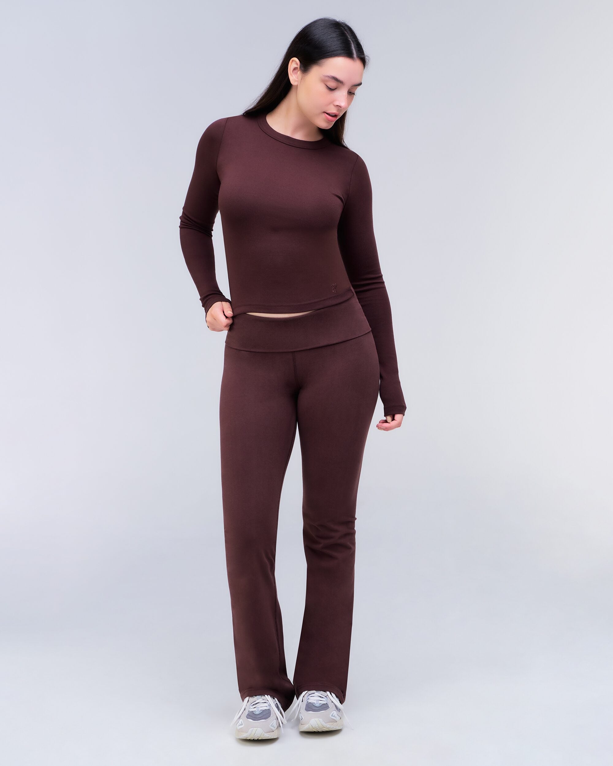 Alexa Fitted Crew Neck Long Sleeve Top in Auburn - full look