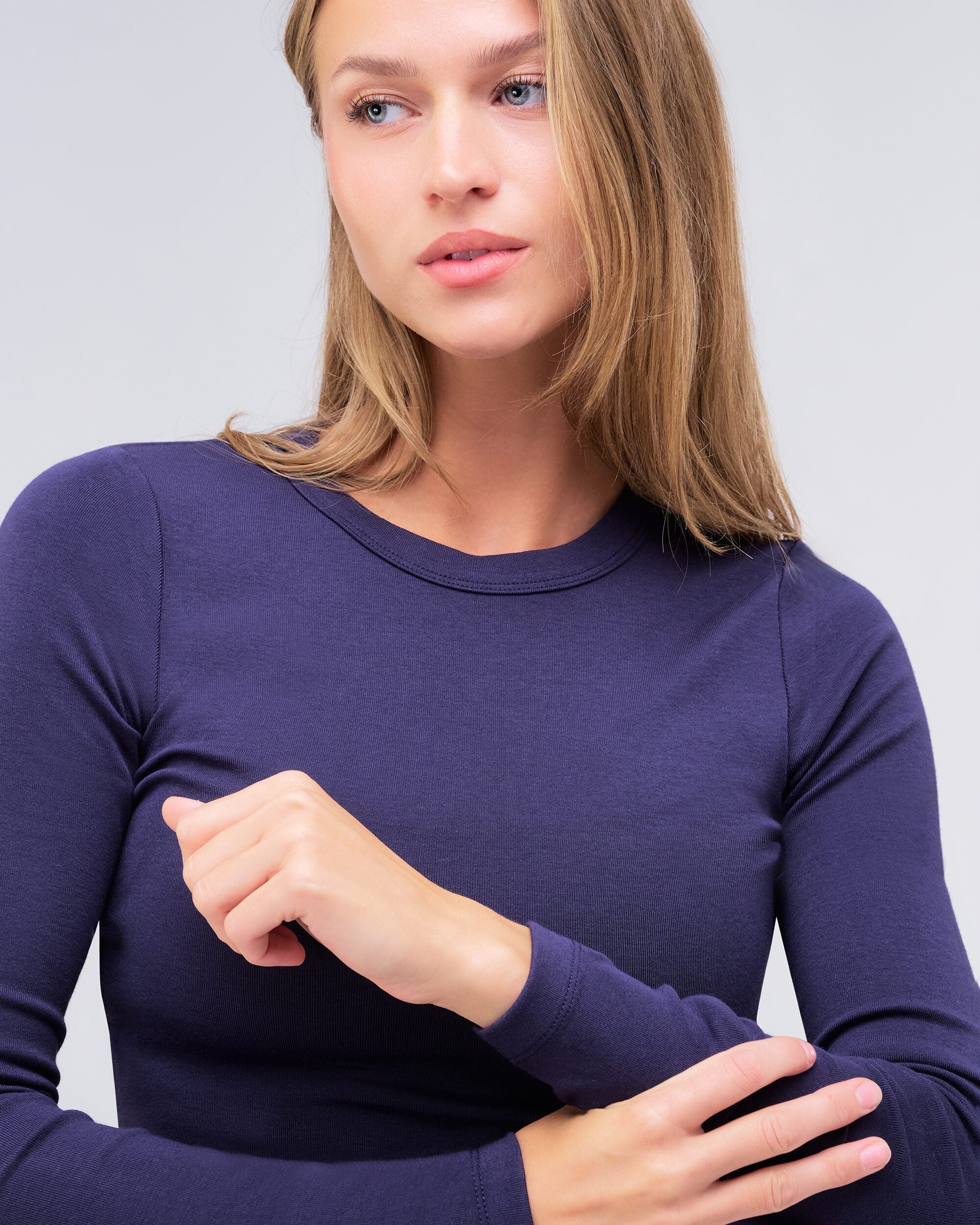 Alexa fitted crew neck long sleeve top in navy, close-up of sleeve cuff