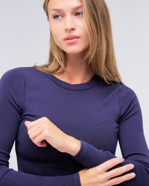 Alexa fitted crew neck long sleeve top in navy, close-up of sleeve cuff