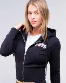 Payton fitted cropped zip-up hoodie in black, front view worn open