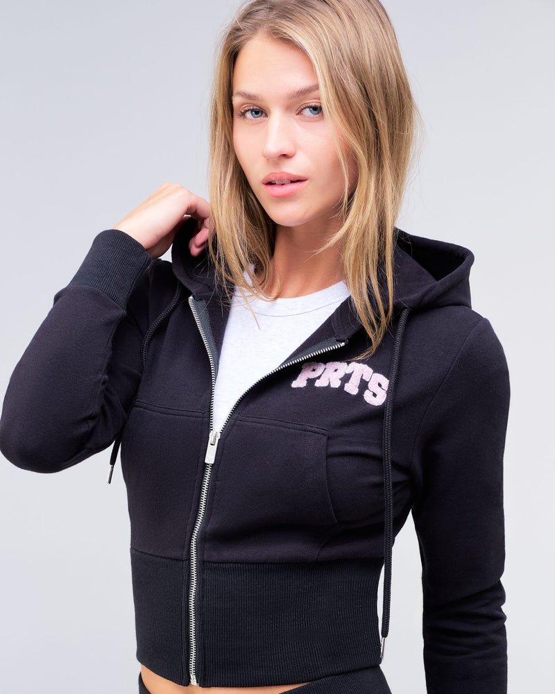 Payton fitted cropped zip-up hoodie in black, front view worn open