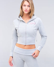 Payton fitted cropped zip-up hoodie in grey mix, three-quarter front view