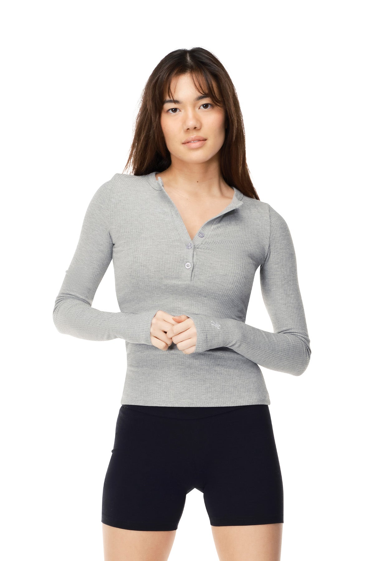 Coral - Fitted Ribbed Henley Long Sleeve
