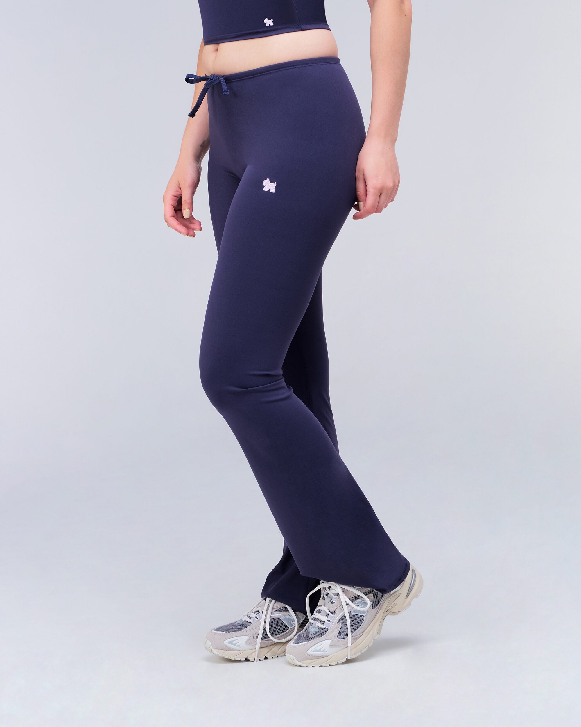 Adley Fitted Low Rise Drawstring Flare Pants in Navy - side