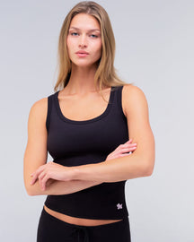 Anais fitted scoop neck tank top in black, three-quarter view
