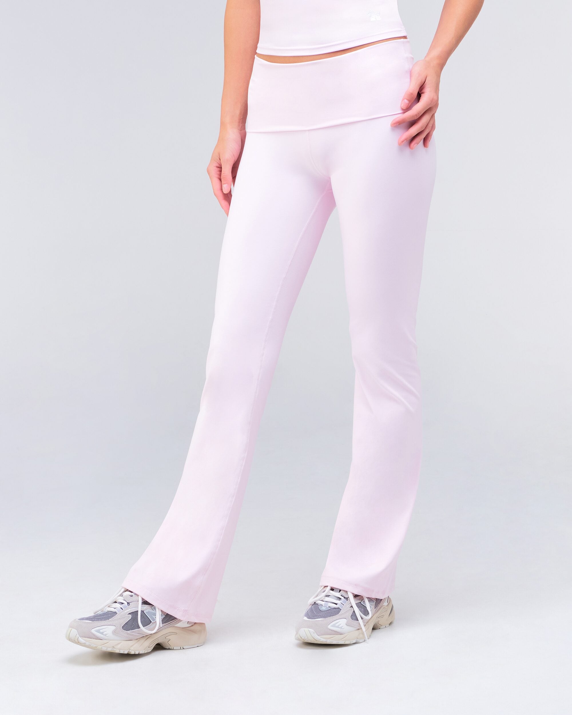 Andy fitted turnover flare pant in baby pink, side view