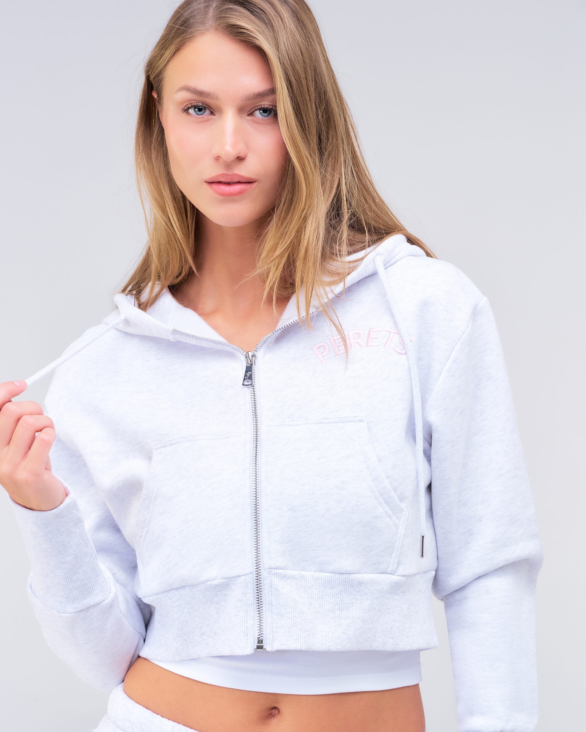 Berkley semi-fitted cropped zip-up hoodie in light grey mix, close-up