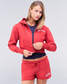 Berkley semi-fitted cropped zip-up hoodie in red, three-quarter view