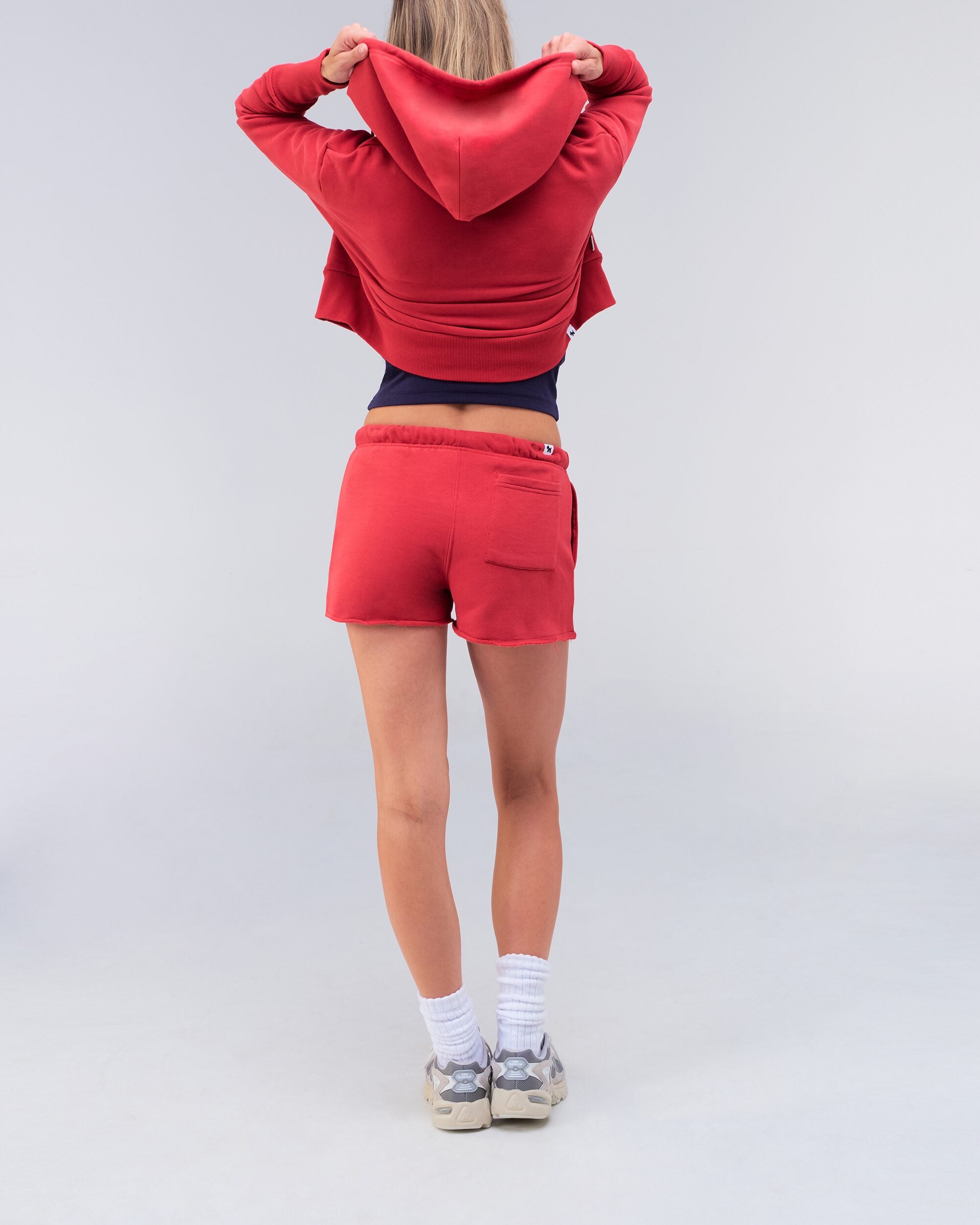Berkley semi-fitted cropped zip-up hoodie in red, full body back view