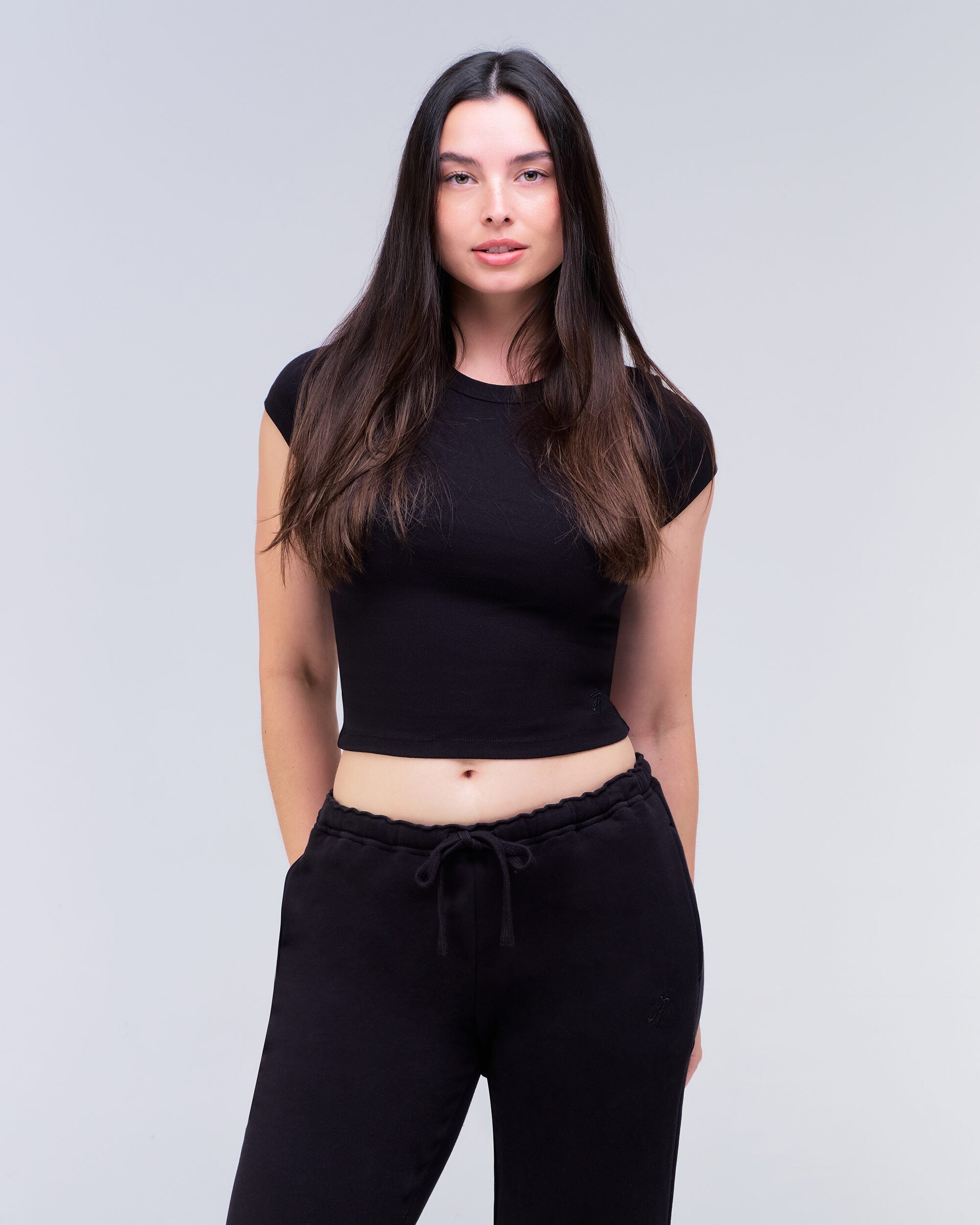 Daisy Fitted Crew Neck Tee in Black - full look
