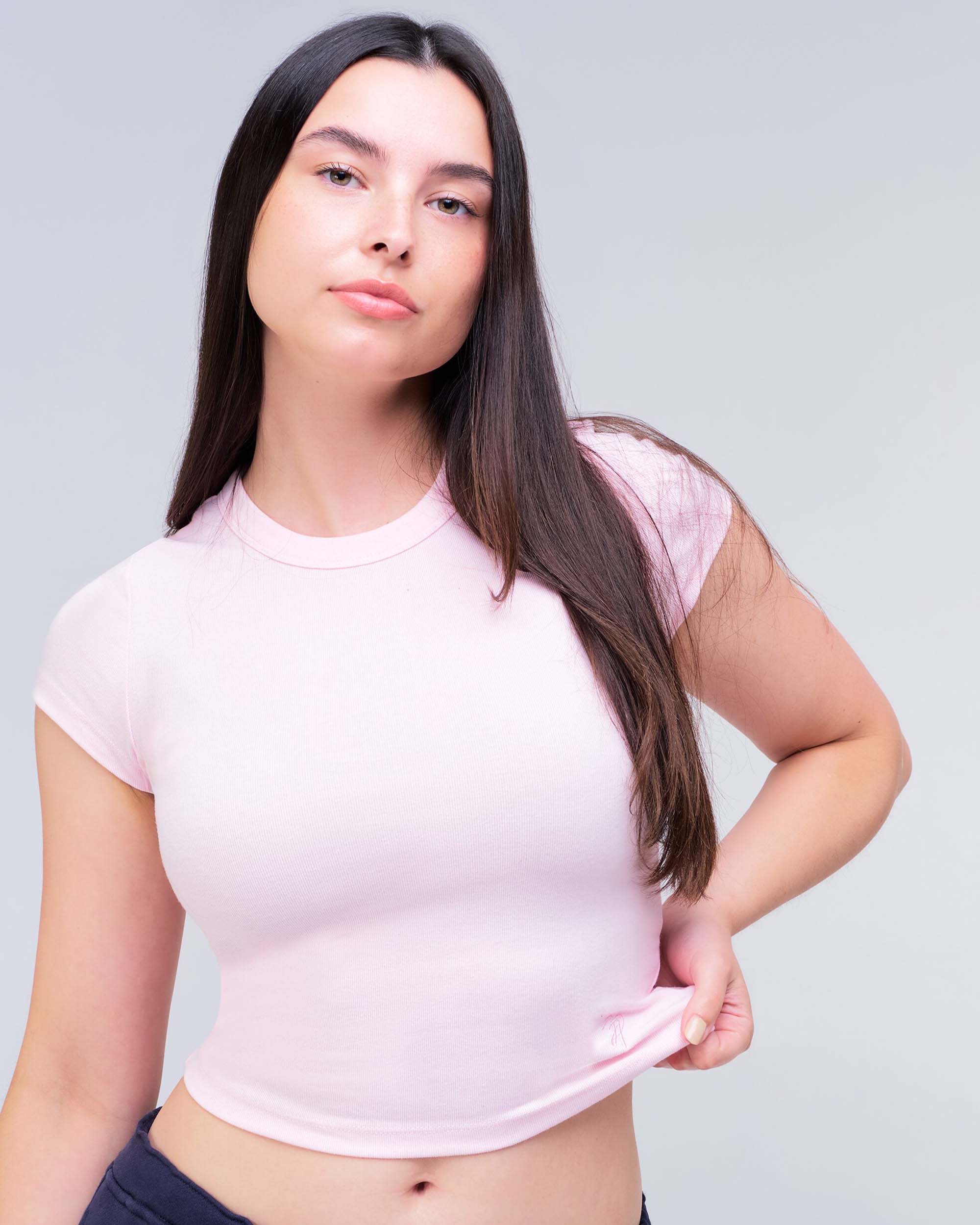 Daisy Fitted Crew Neck Tee in Pink - front