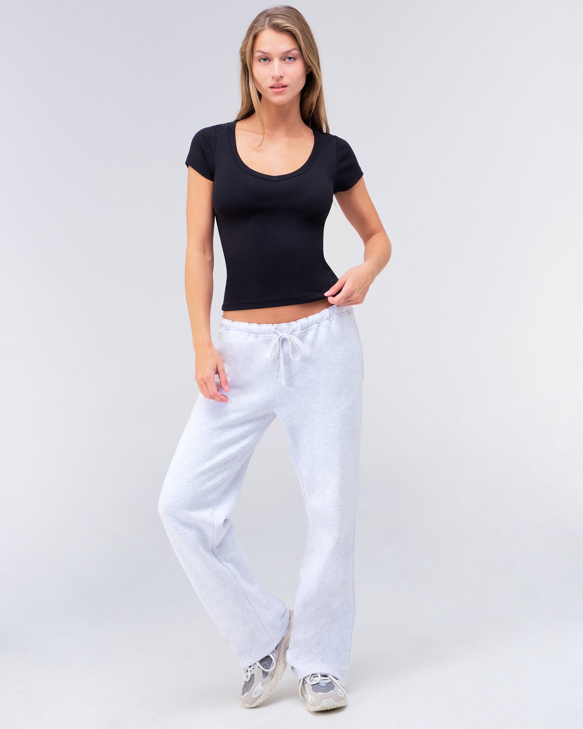 Denise fitted scoop neck tee in black, full body front view