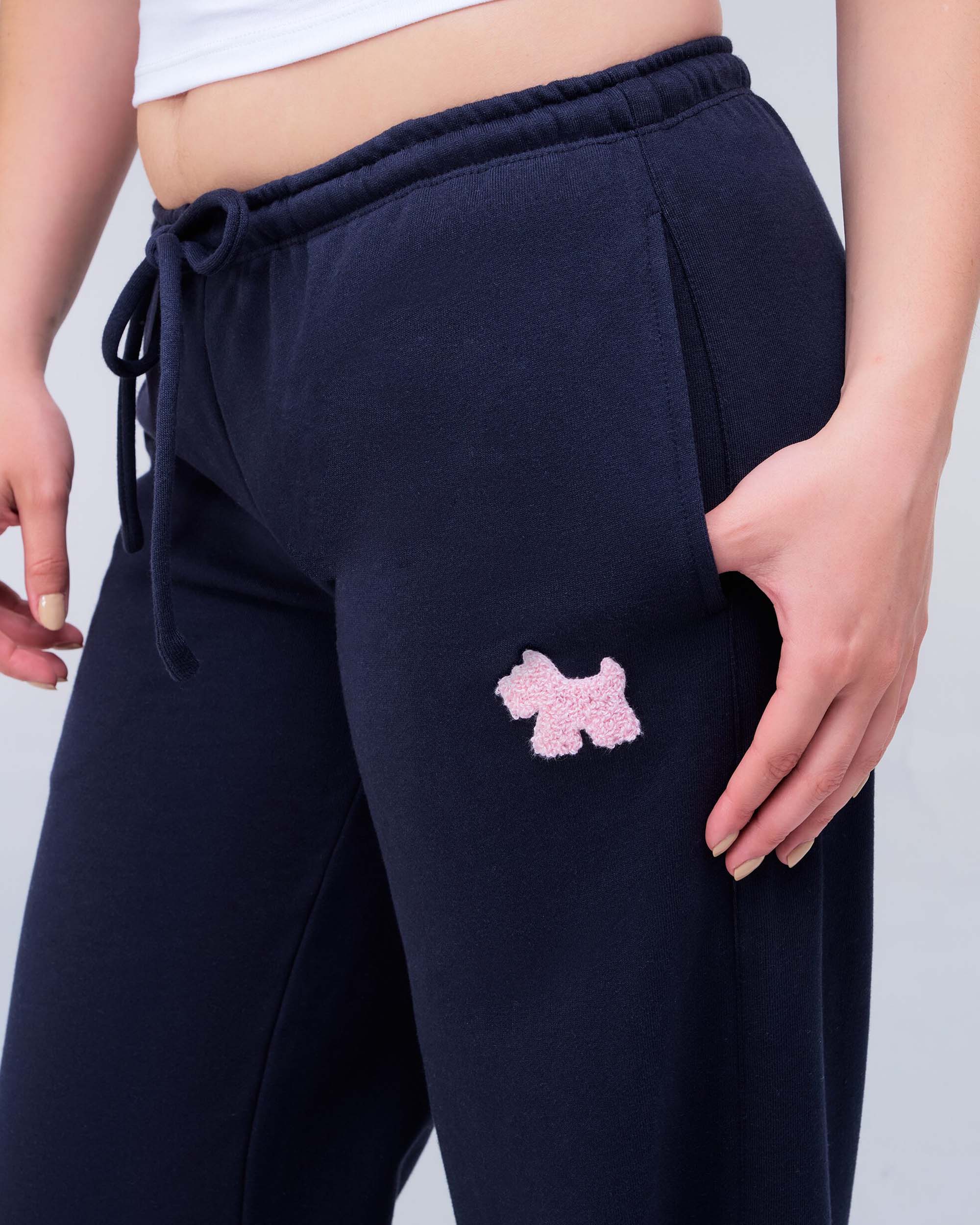 Gracie Low-Rise Oversized Flare Pants in Navy - logo detail