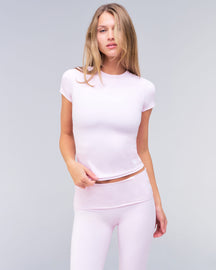 Irene fitted crew neck tee in baby pink, front view