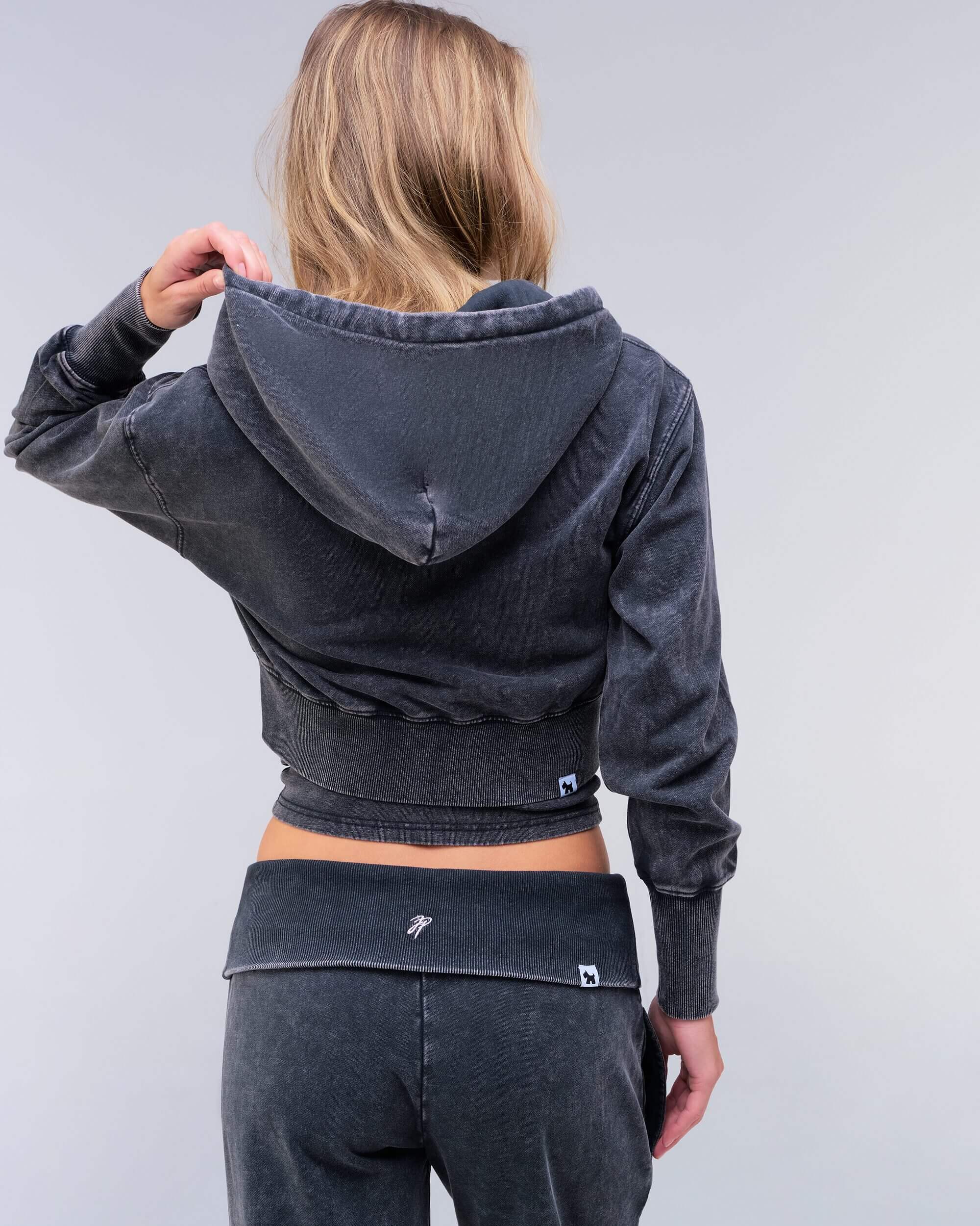 Maya semi-relaxed cropped zip-up hoodie in vintage black, back view of hood