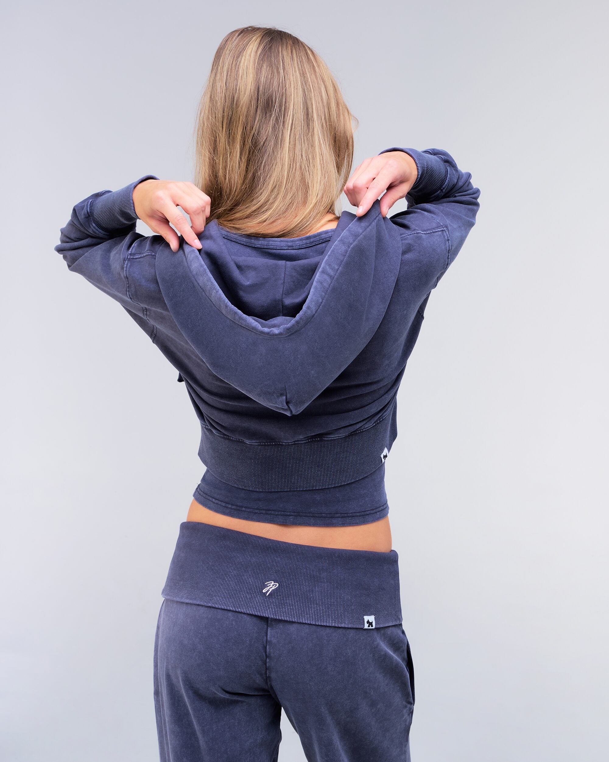 Maya semi-relaxed cropped zip-up hoodie in vintage navy, back view of hood