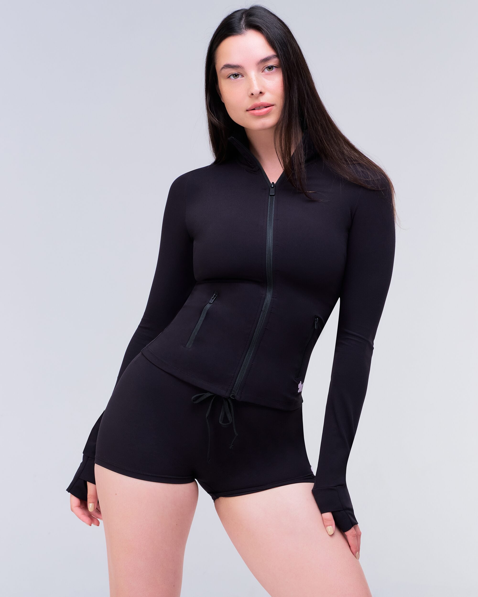Millie Fitted Mock Neck Zip-Up Long Sleeve Top in Black - front