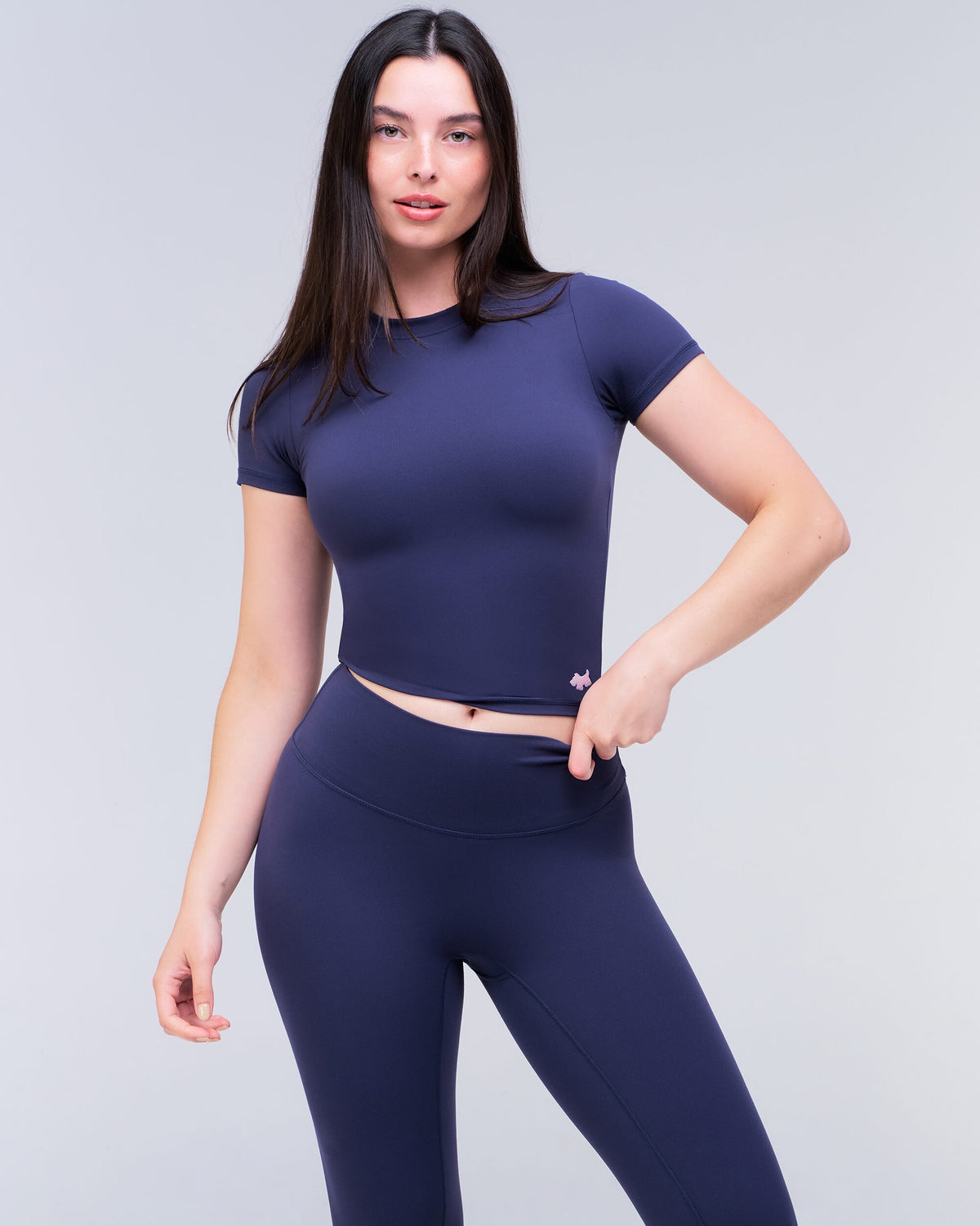 Nicole Fitted Crew Neck Tee in Navy - full look