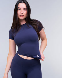 Nicole Fitted Crew Neck Tee in Navy - front detail