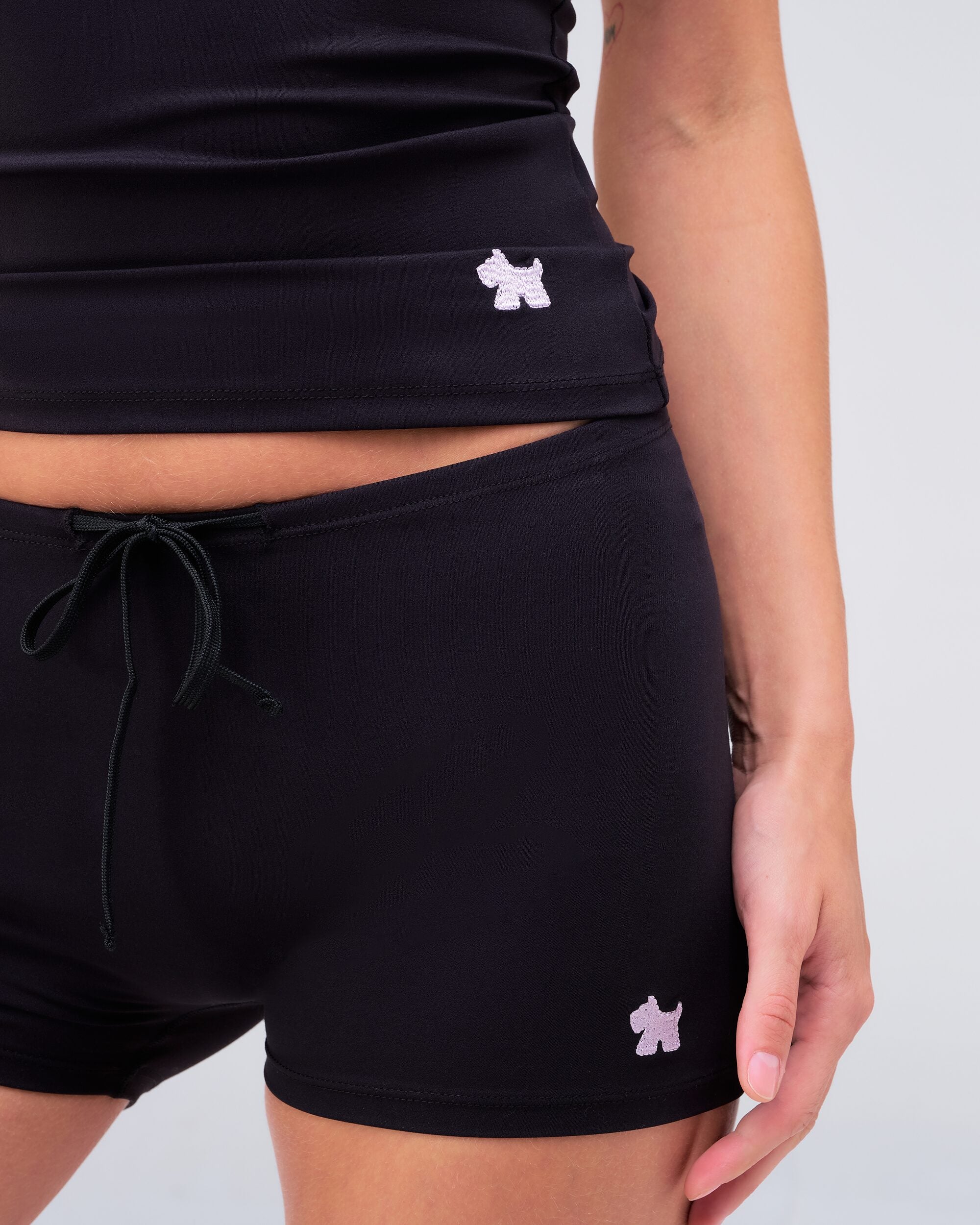 Olive Fitted Low Rise Drawstring Shorts in Black - drawstring detail